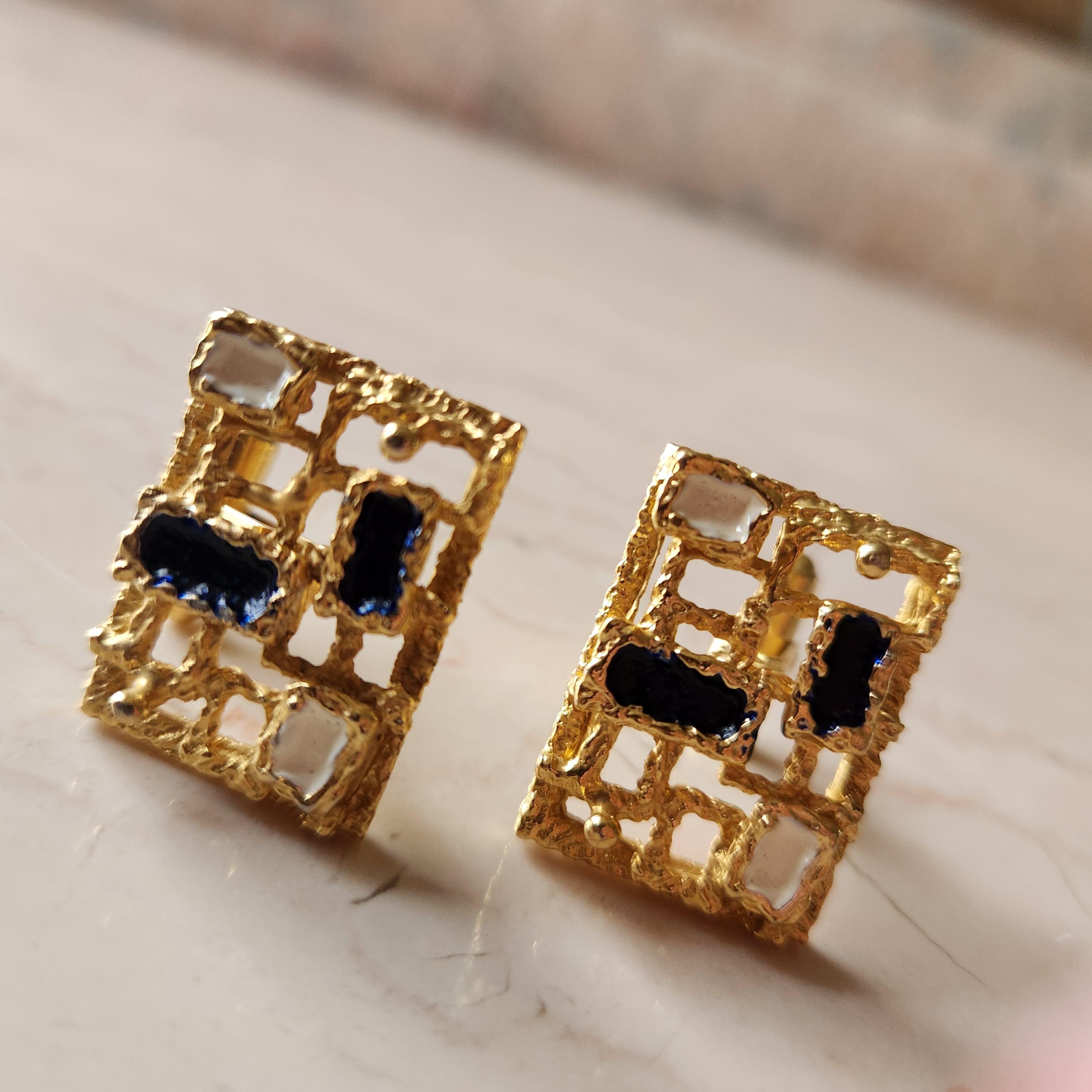 Late 20th Century 1970s Brutalist Christian Dior Gold Tone Enamel Stone Cufflinks For Sale