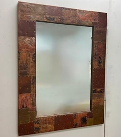 1970s Brutalist Copper and Brass Patchwork Mirror in Paul Evans Style