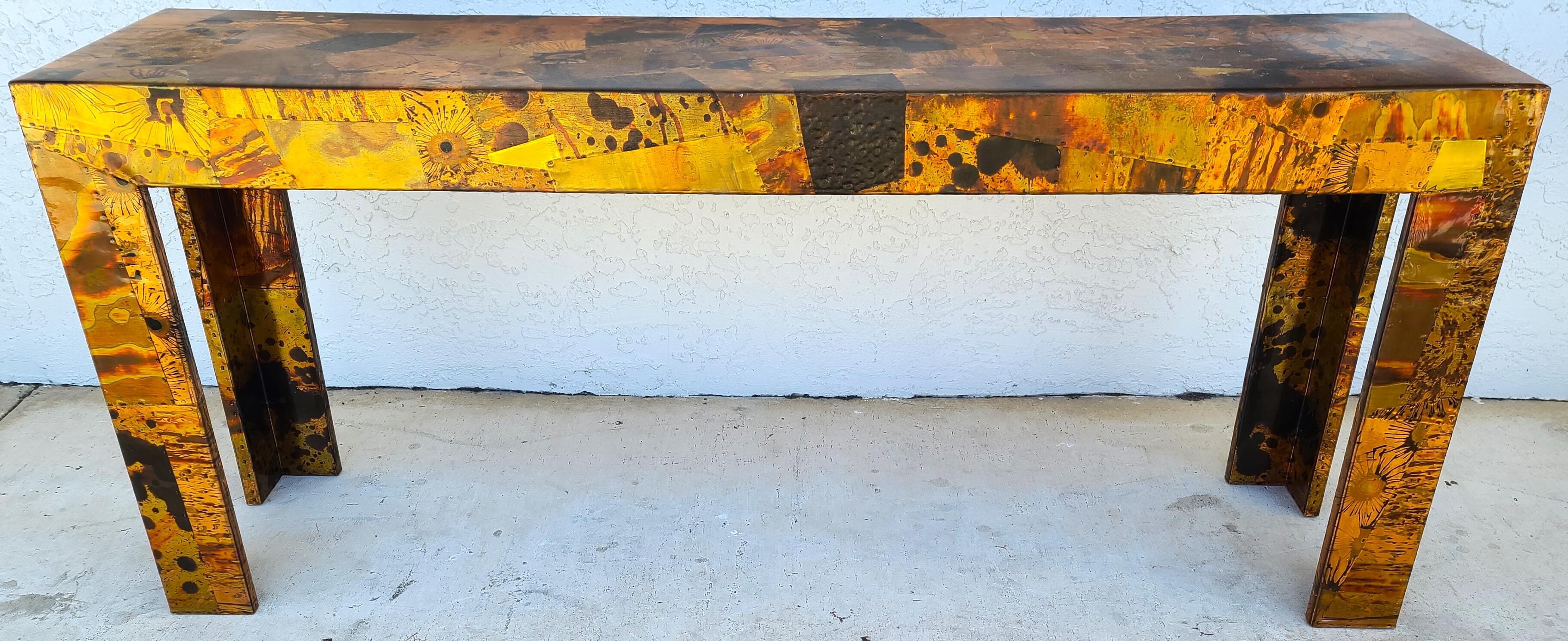 1970s Brutalist Copper Patchwork Console Table, Style of Paul Evans 5