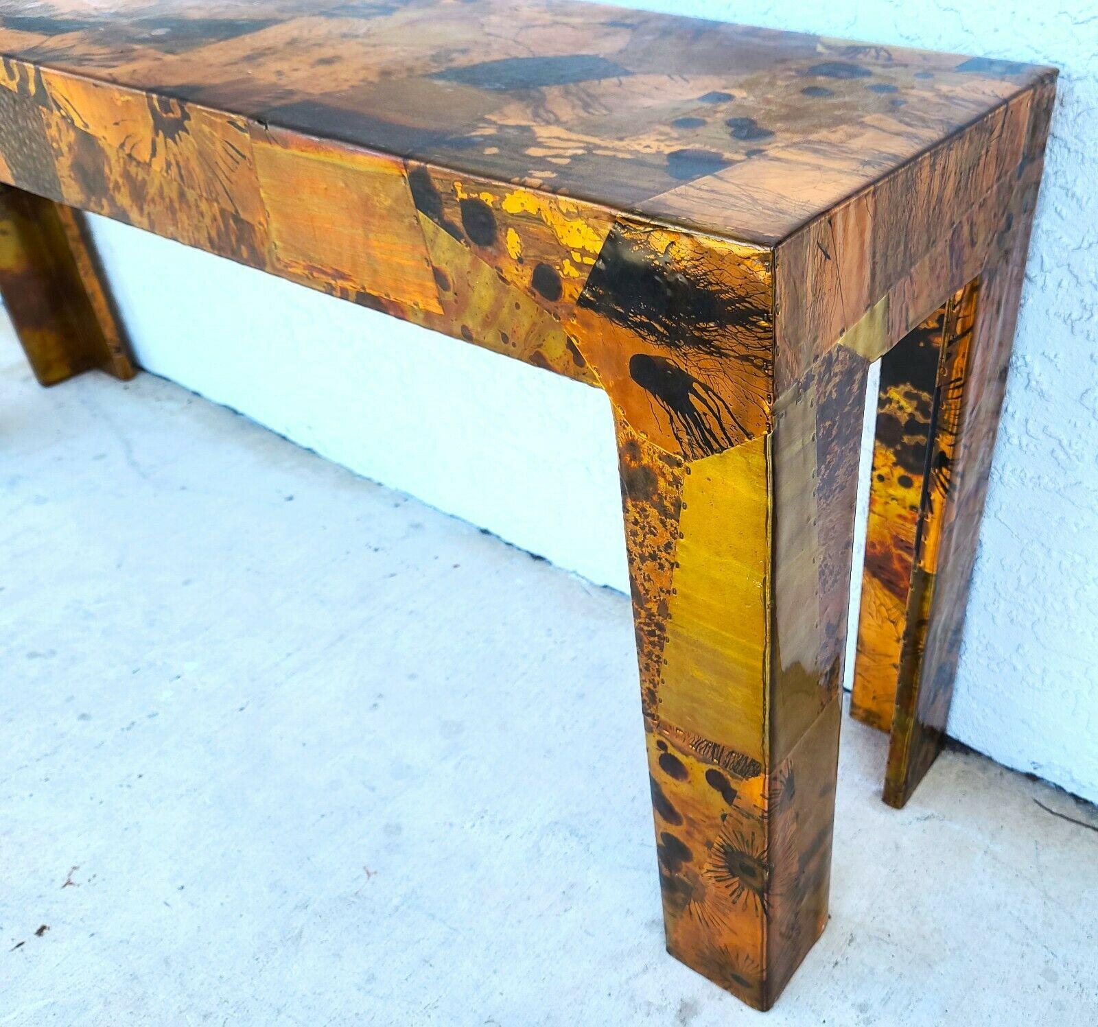 Offering One Of Our Recent Palm Beach Estate Fine Furniture Acquisitions Of A
1970s Brutalist Copper & Brass Patchwork Console Table in the Style of Paul Evans
The entire table is sealed in a thick clear Polyurethane coating.

Approximate