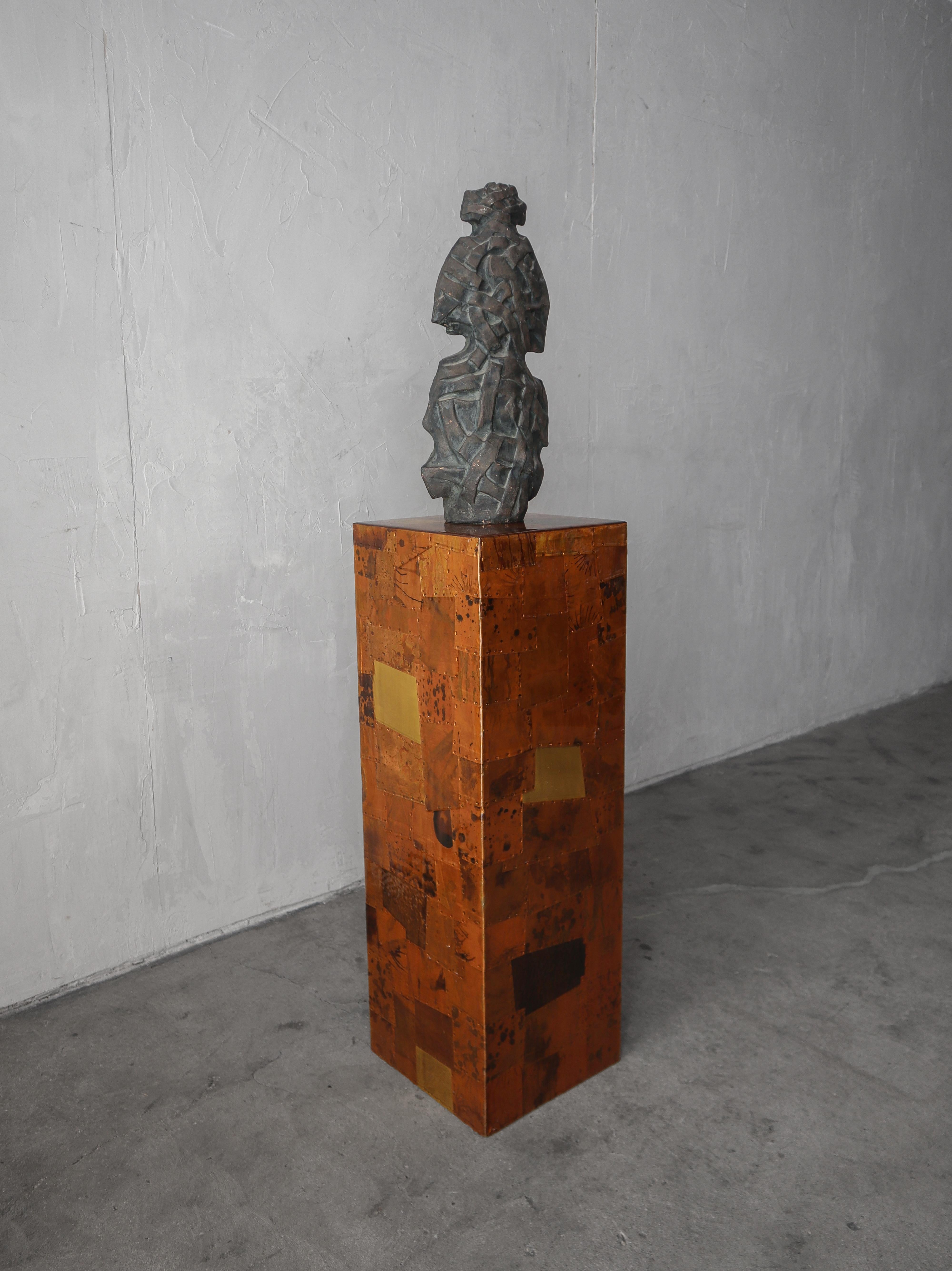 1970s Brutalist Copper Patchwork Pedestal by Percival Lafer In Good Condition For Sale In Las Vegas, NV