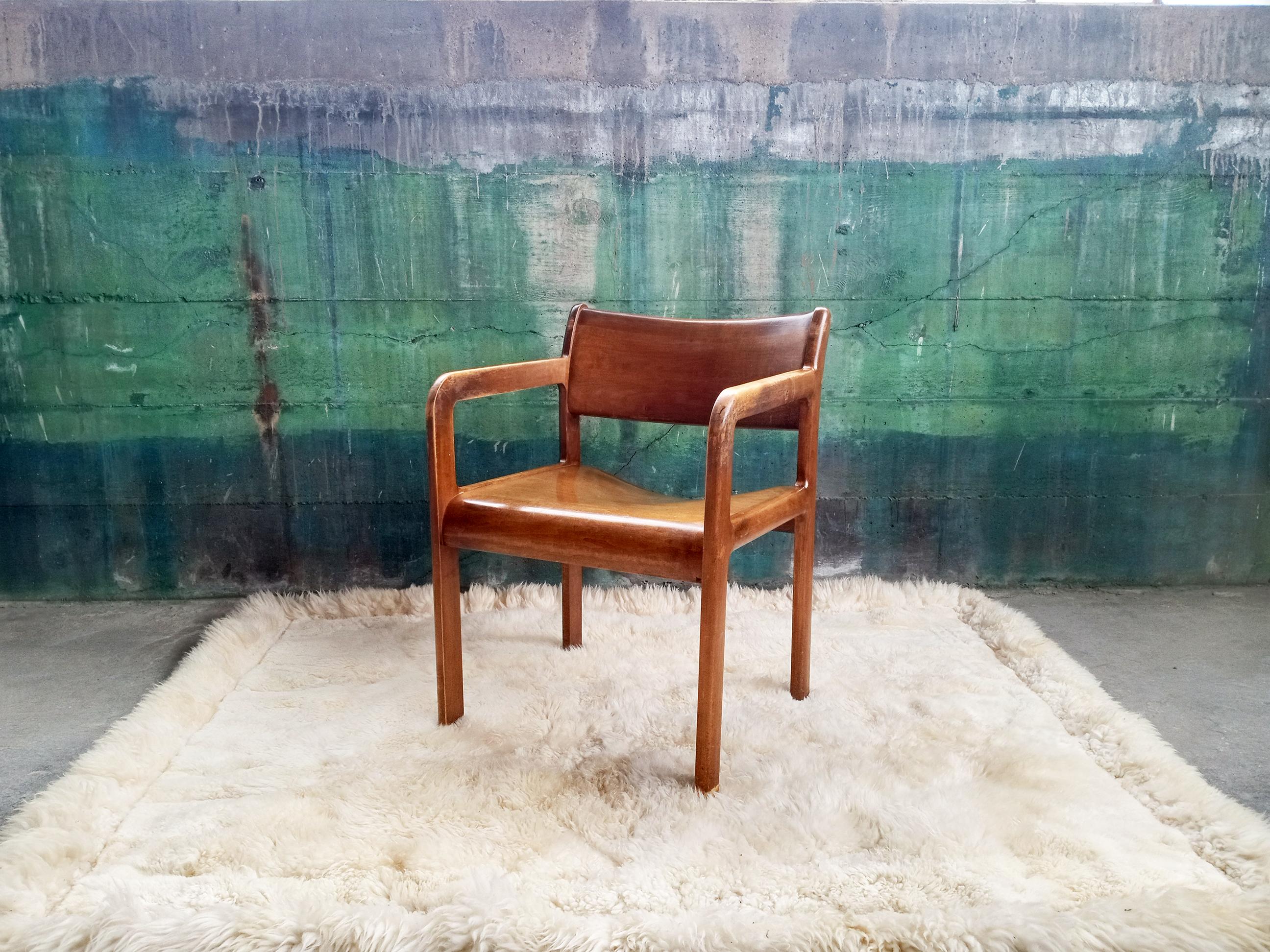 French 1970s Brutalist Daumiller Style Postmodern Solid Wood Lounge Accent Armchair For Sale