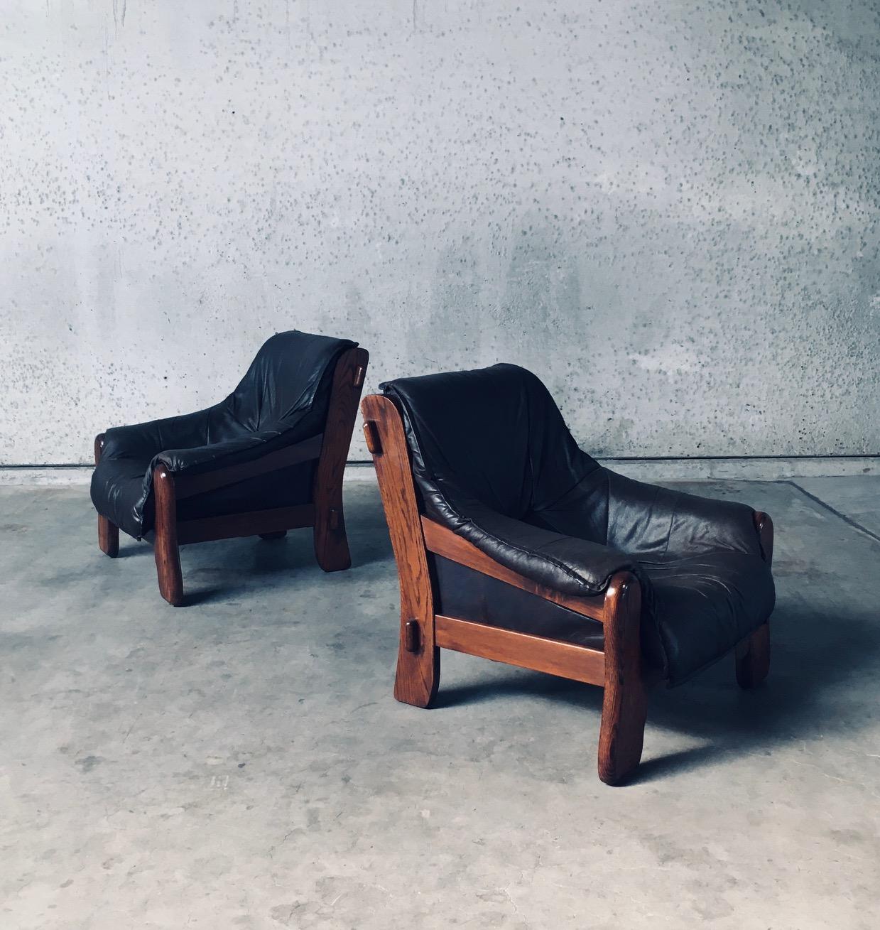 1970's Brutalist Design Leder & Eiche Lounge Stühle im Angebot 2