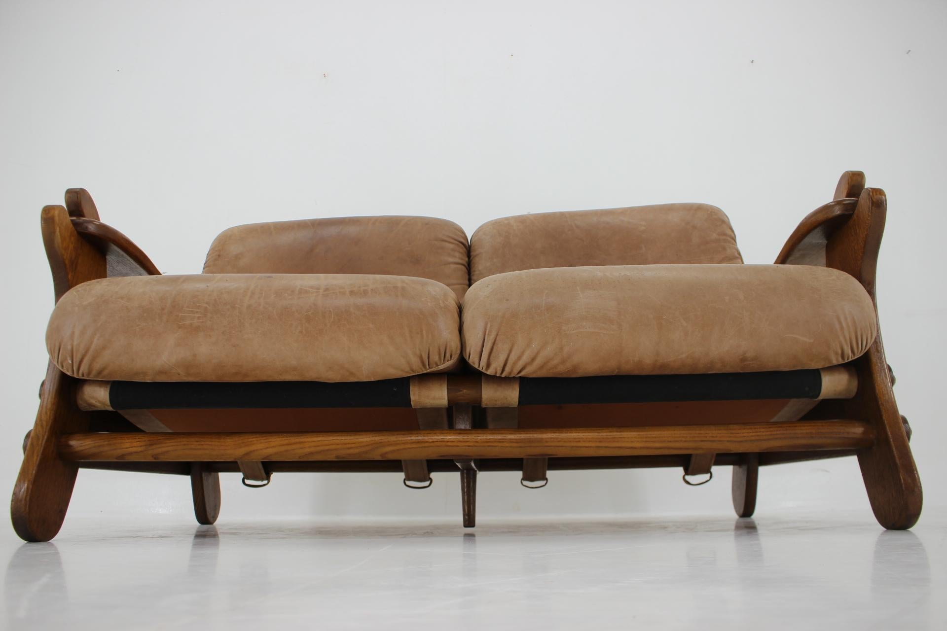 1970s Brutalist Dutch Oak and Leather 2 Seater Sofa For Sale 8