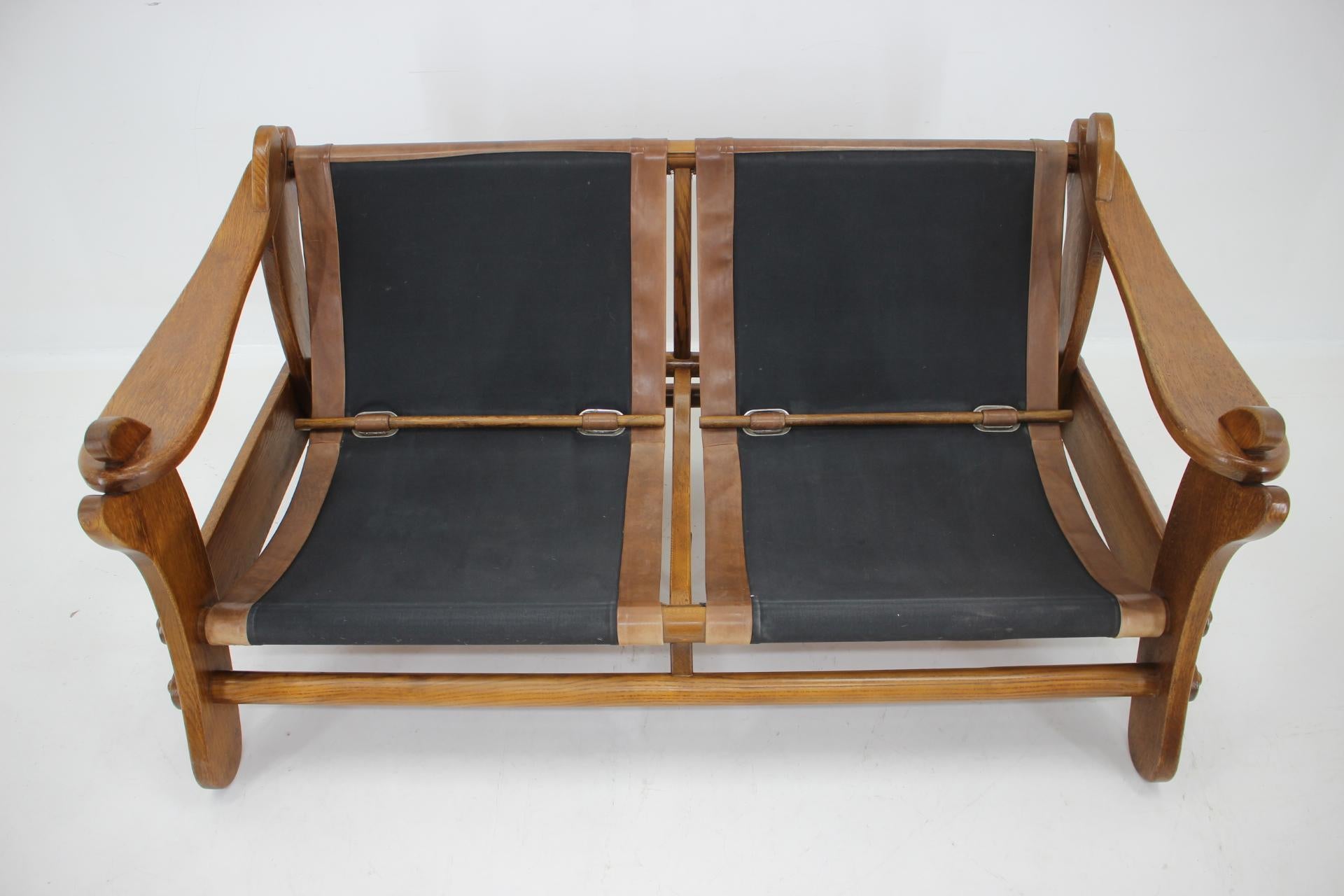 1970s Brutalist Dutch Oak and Leather 2 Seater Sofa For Sale 14