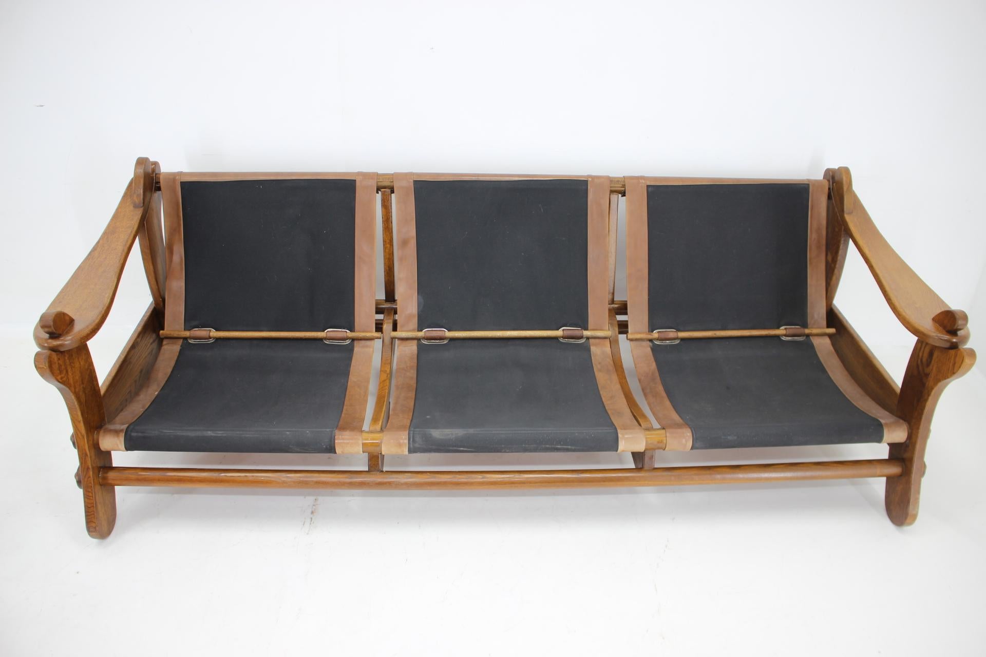 1970s Brutalist Dutch Oak and Leather 3 Seater Sofa For Sale 9