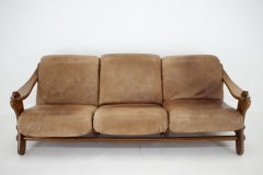 1970s Brutalist Dutch Oak and Leather 3 Seater Sofa