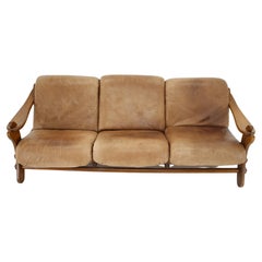 Used 1970s Brutalist Dutch Oak and Leather 3 Seater Sofa