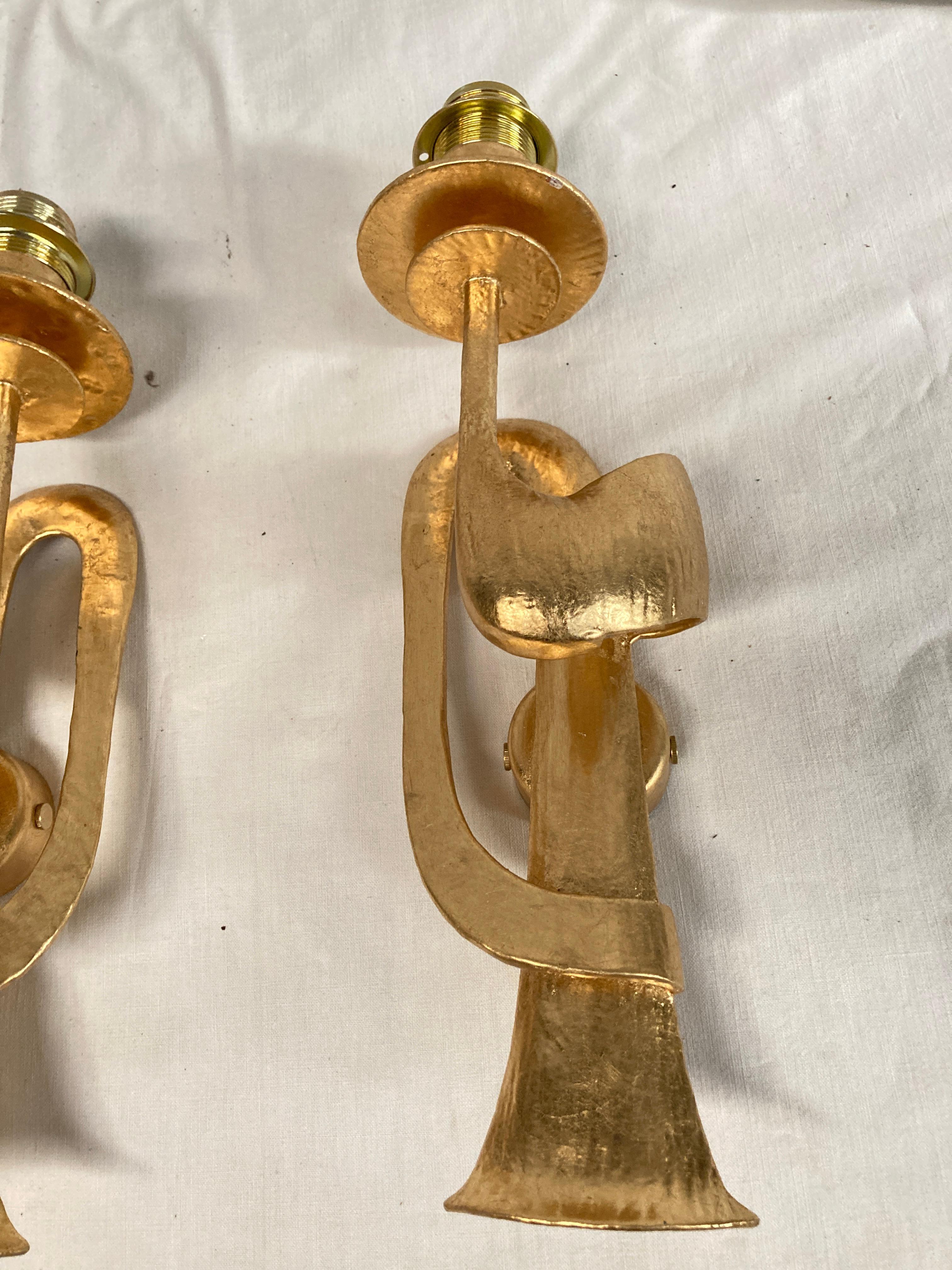 French 1970's brutalist gilt metal  sconces For Sale
