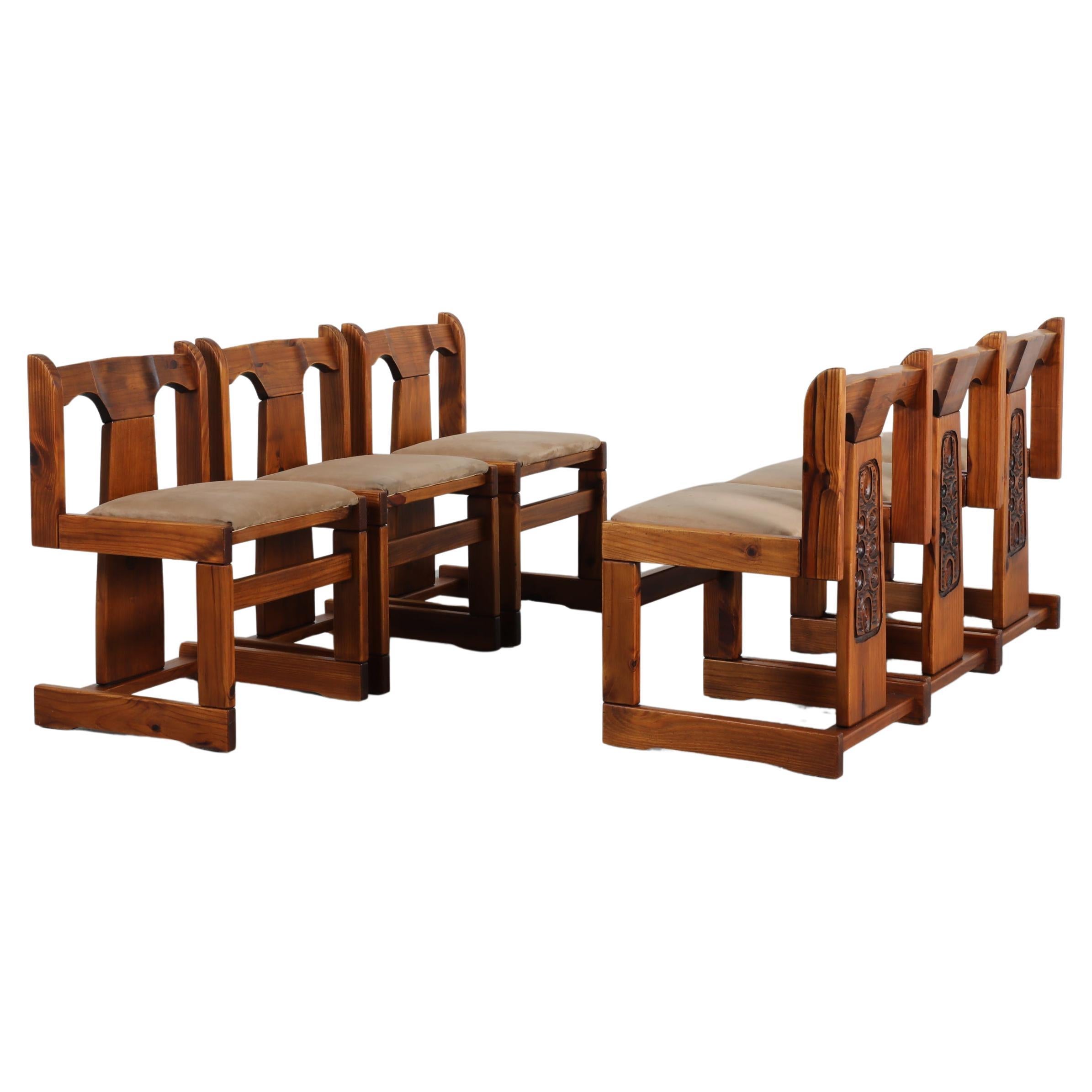 1970s Brutalist Hand-Carved Dining Chairs, Aquarius Enterprises, Set of 6