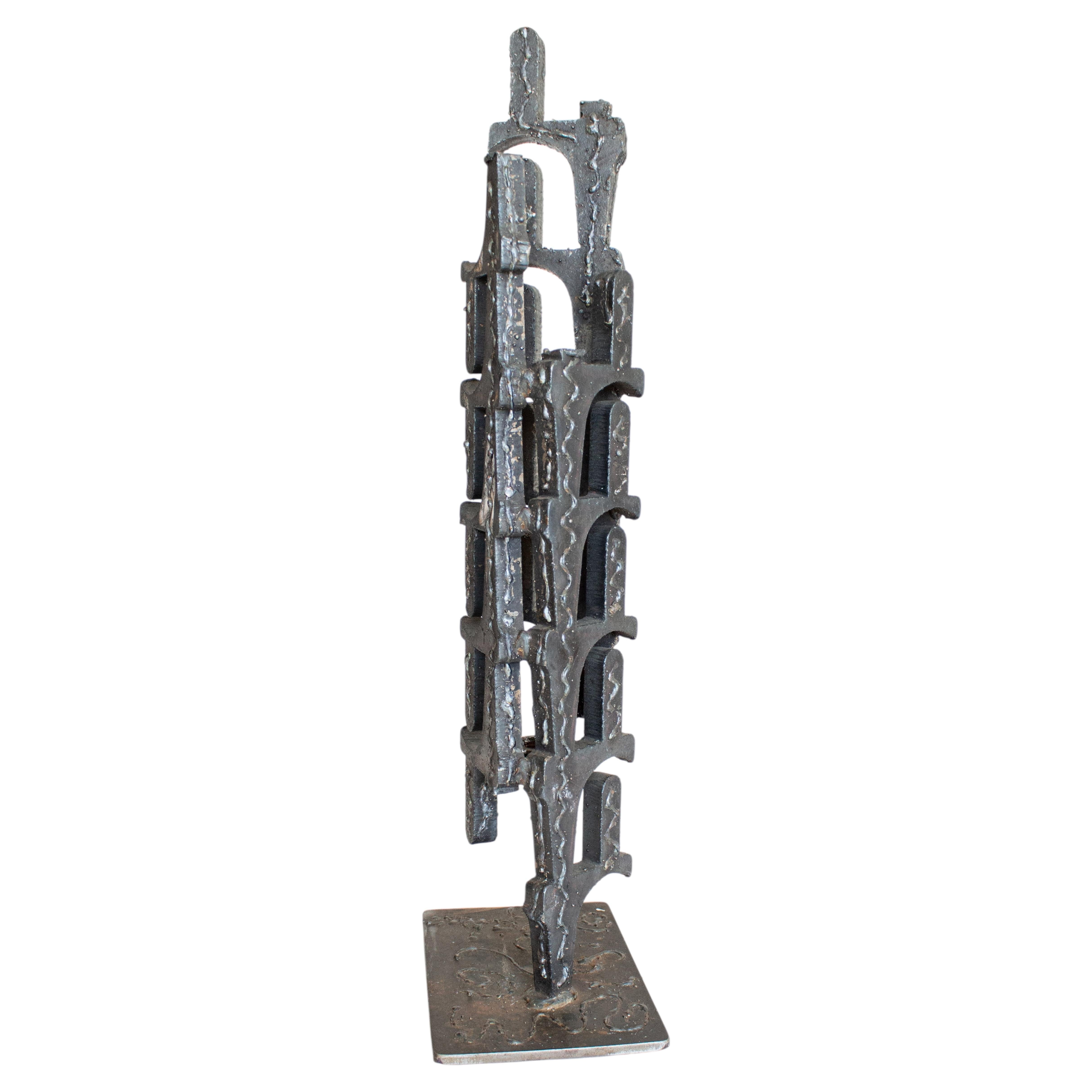 1970s Brutalist Iron Candleholder Sculpture, Vertical Architectural Form For Sale