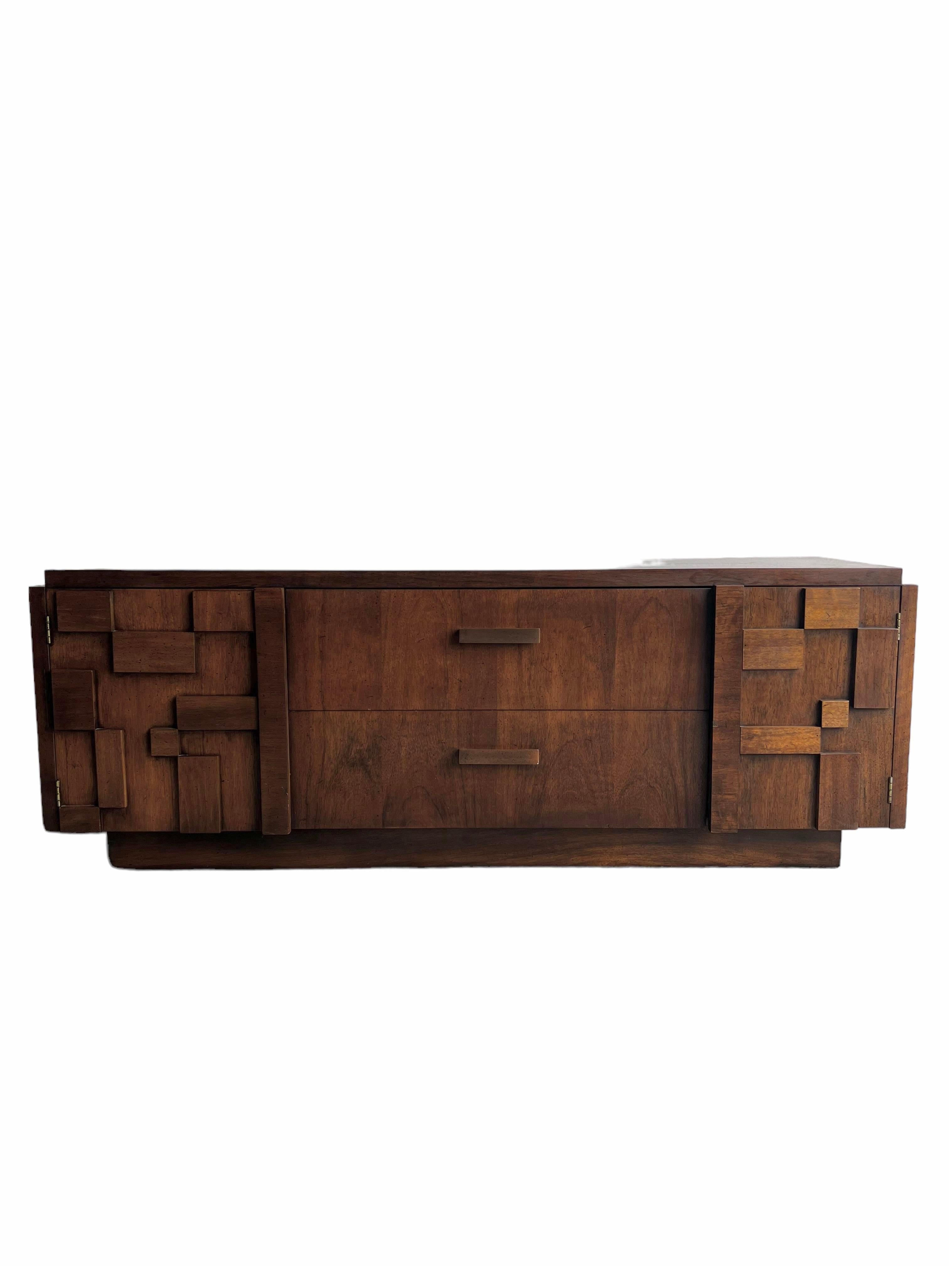 European 1970’s  Brutalist Lane Staccato Collection TV Cabinet and Detachable Cabinet