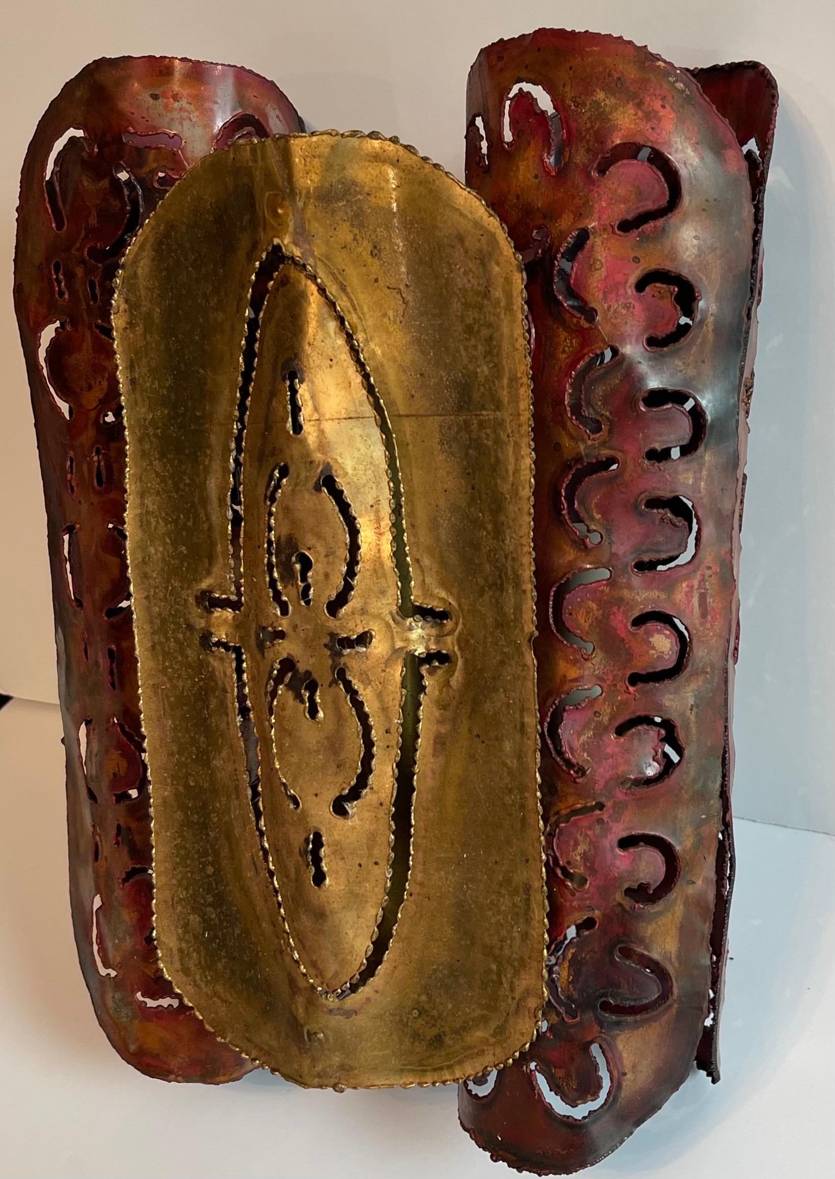 Burnished 1970s Brutalist Metal Copper & Brass Sconce For Sale