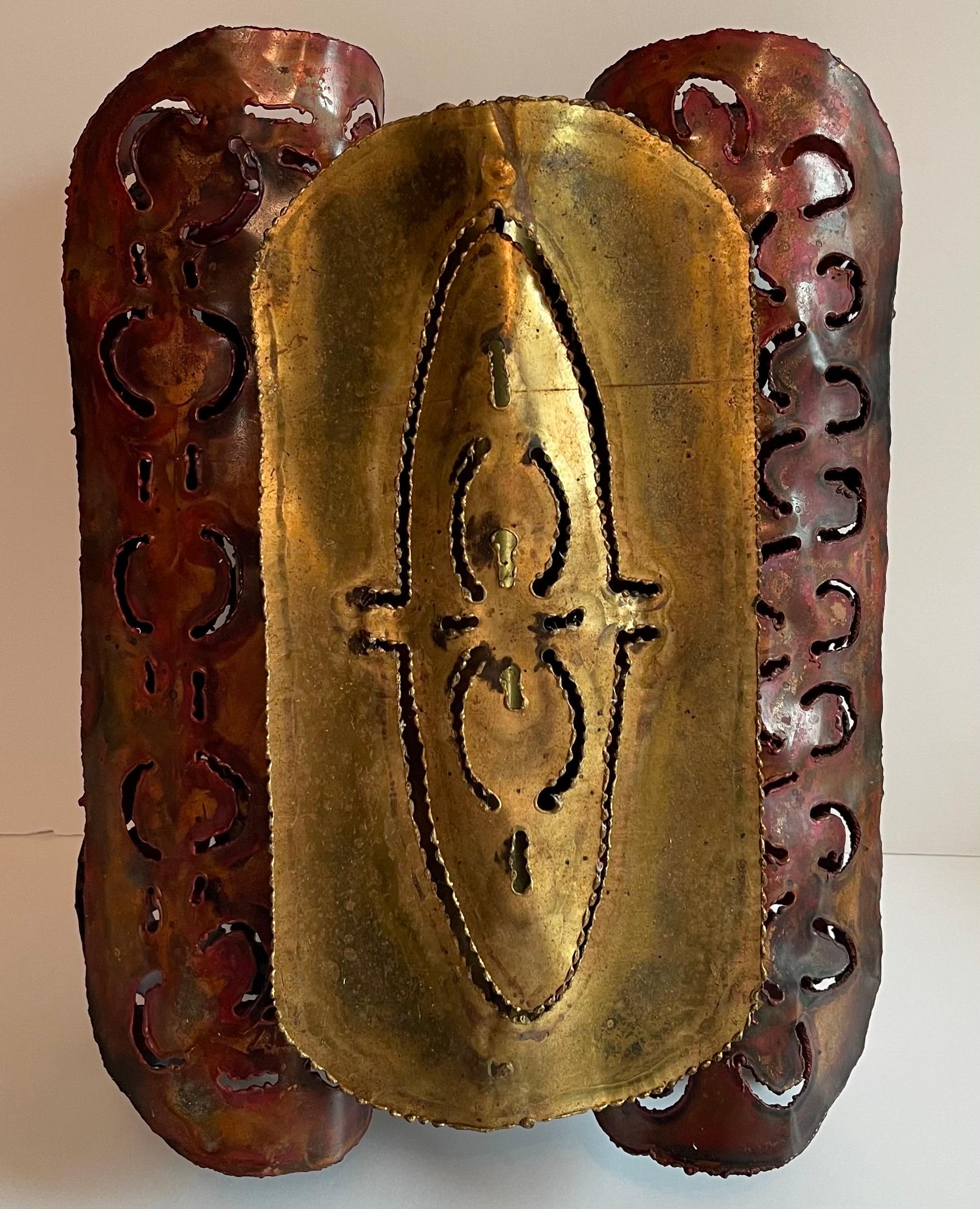 Late 20th Century 1970s Brutalist Metal Copper & Brass Sconce For Sale