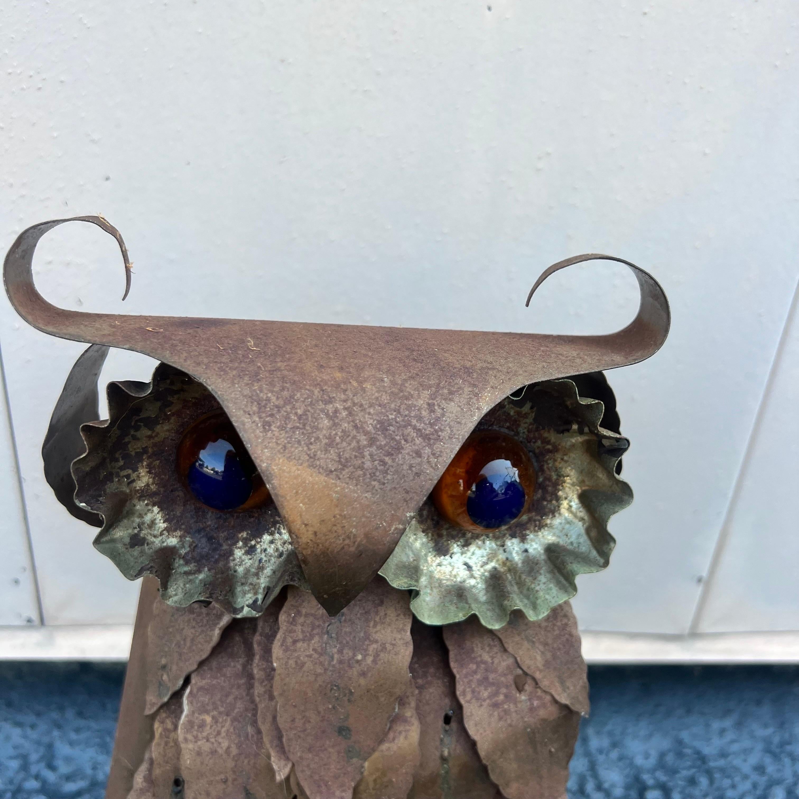 Vintage Midcentury Brutalist Copper Owl Sculpture In The Style Of Curtis Jere with Lucite eyes Copper owl.  This amazing copper owl stands about 12