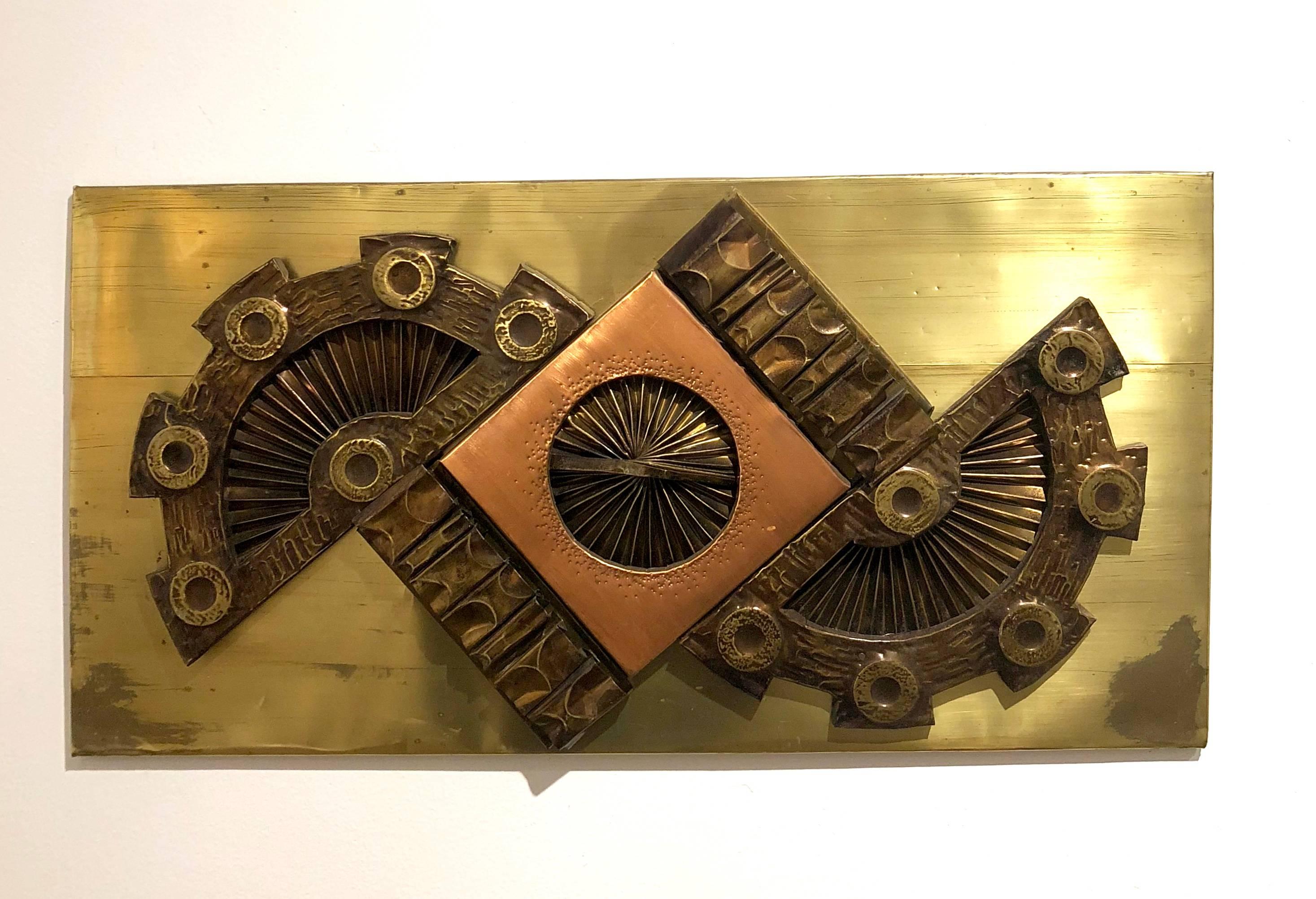 American 1970s Brutalist Metal Wall Plaque in Copper and Brass by Stephen Chun