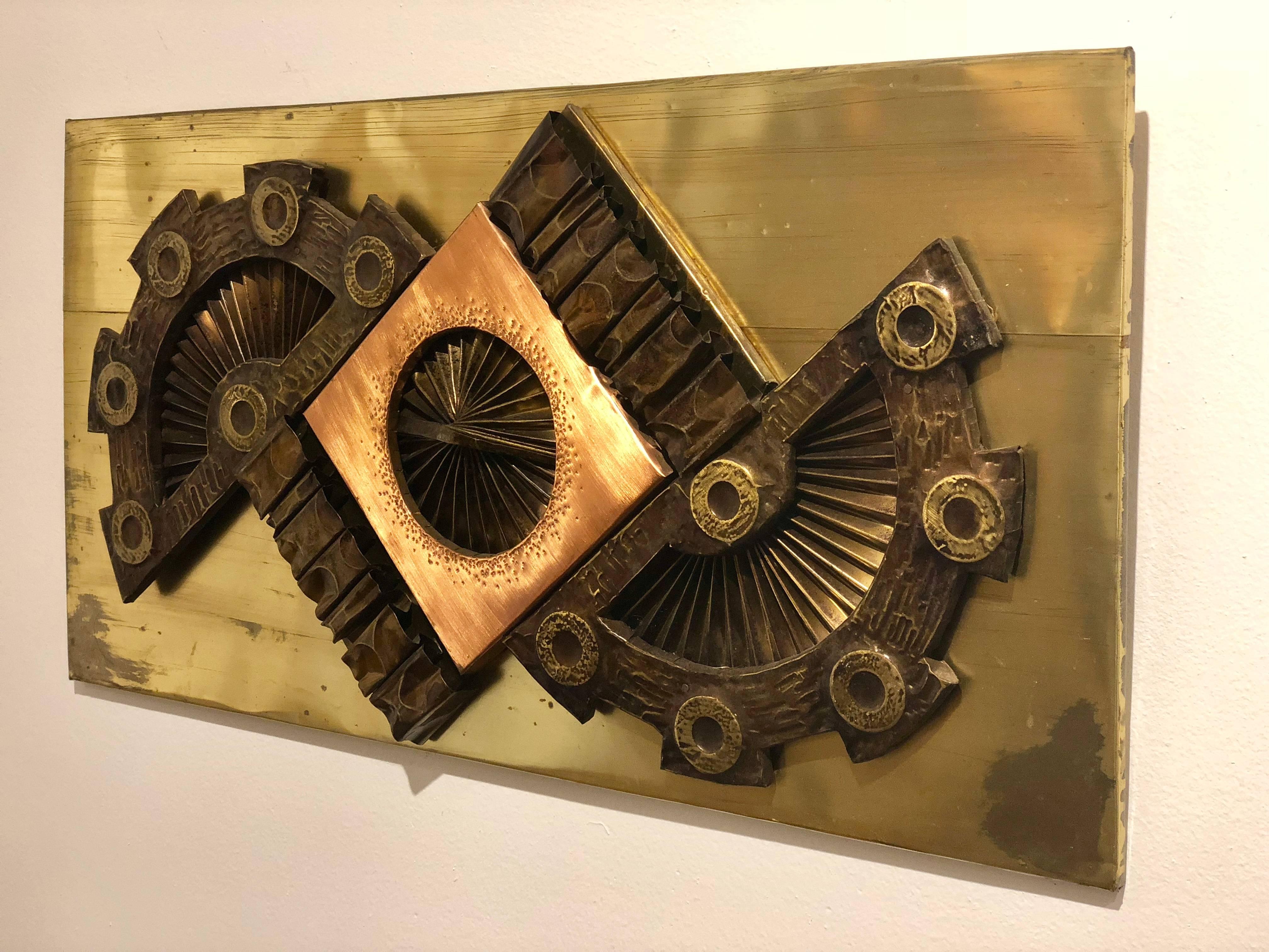 1970s Brutalist Metal Wall Plaque in Copper and Brass by Stephen Chun In Good Condition In San Diego, CA