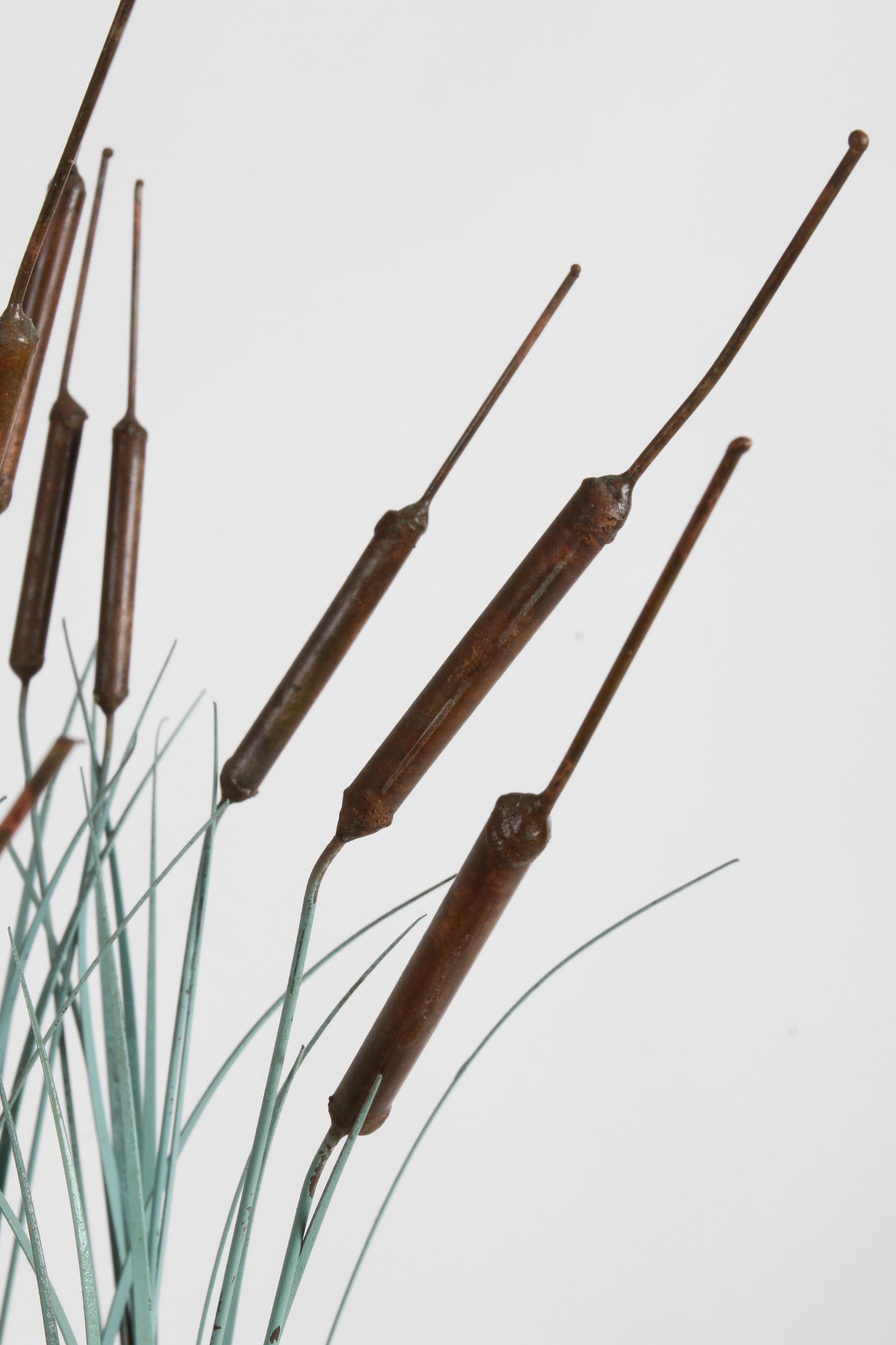 1970s Brutalist Mid-Century Patinated Bronze & Copper Cattail Kinetic Sculpture 2