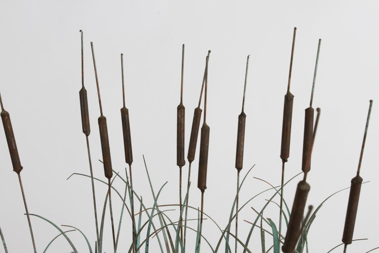 American 1970s Brutalist Mid-Century Patinated Bronze & Copper Cattail Kinetic Sculpture For Sale