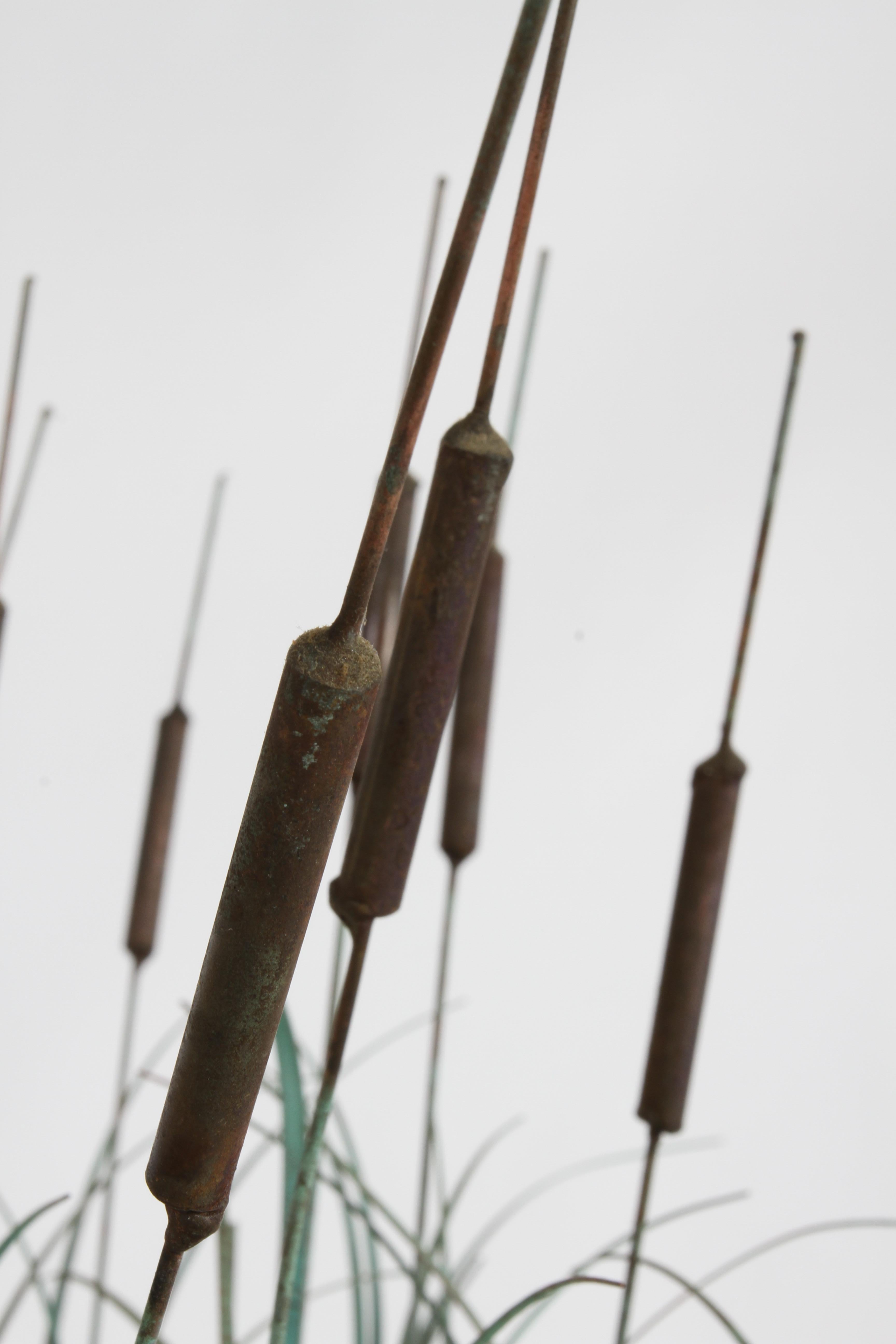 American 1970s Brutalist Mid-Century Patinated Bronze & Copper Cattail Kinetic Sculpture