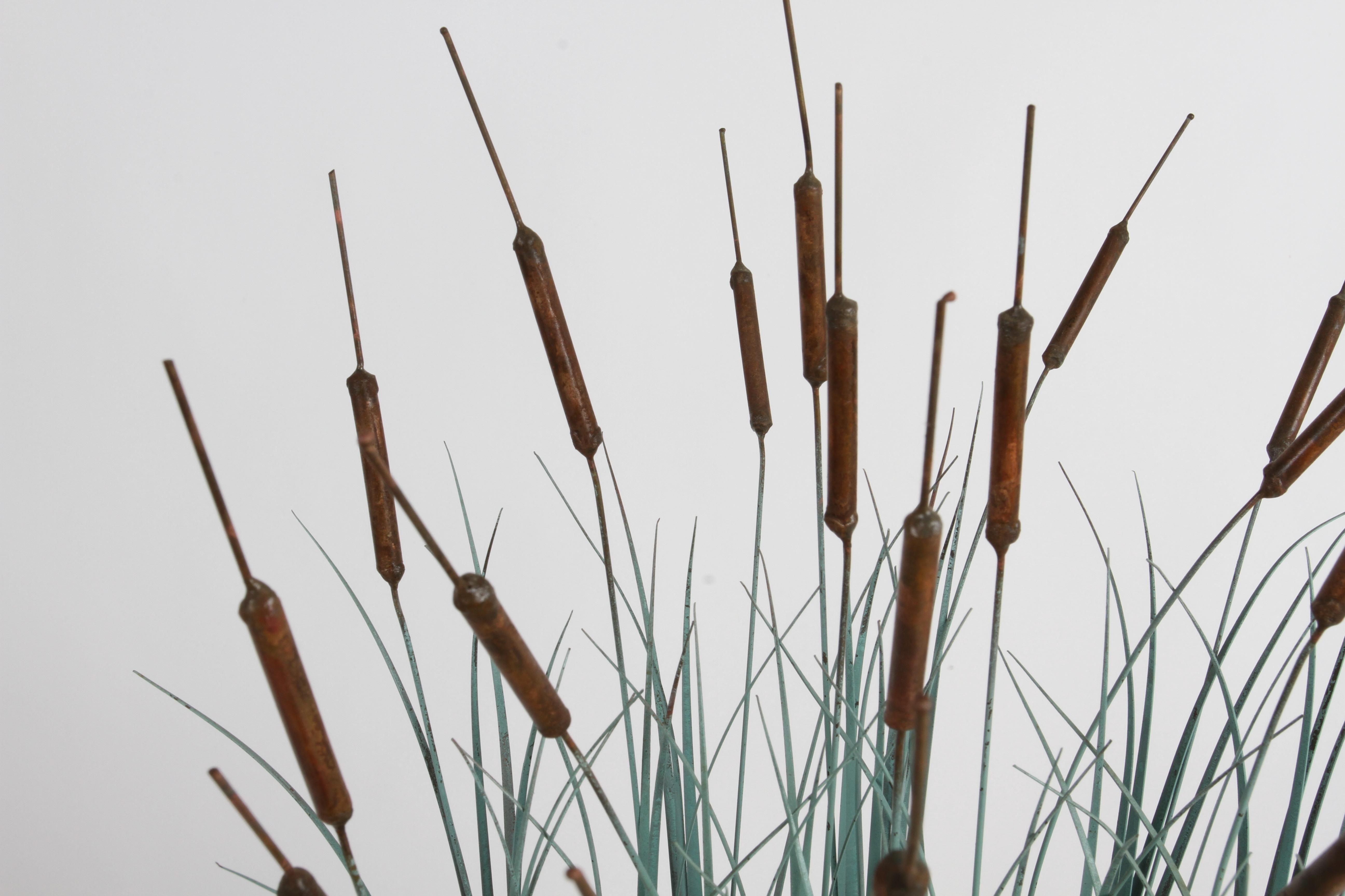 American 1970s Brutalist Mid-Century Patinated Bronze & Copper Cattail Kinetic Sculpture