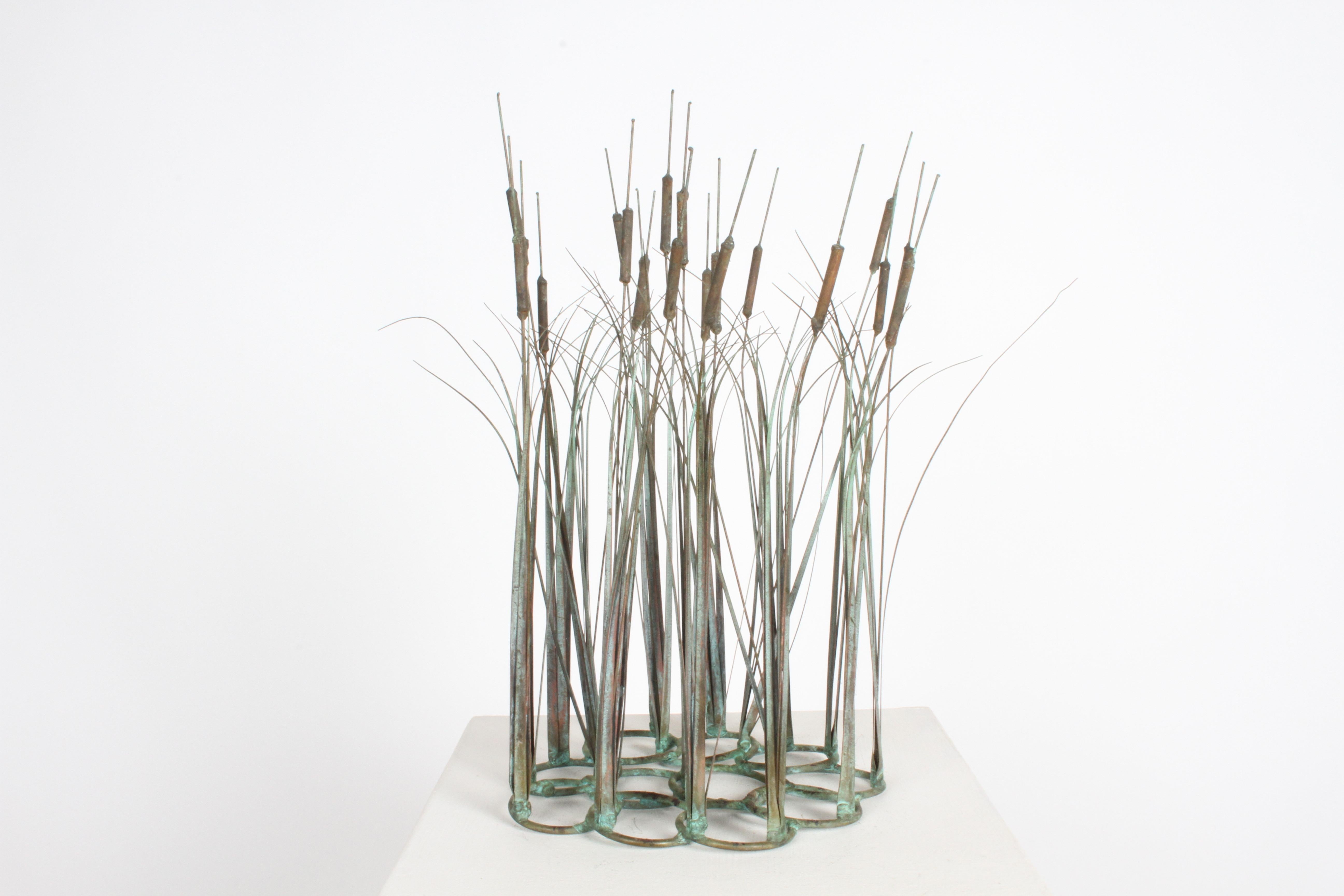 1970s Brutalist Mid-Century Patinated Bronze & Copper Cattail Kinetic Sculpture 2