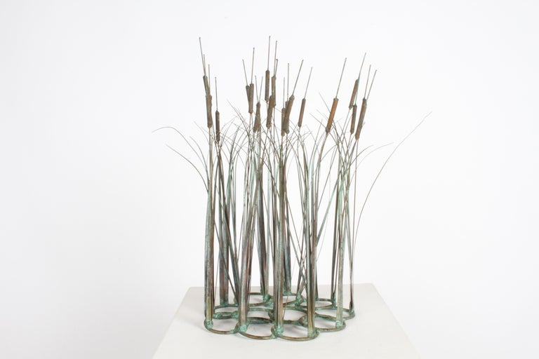 1970s Brutalist Mid-Century Patinated Bronze & Copper Cattail Kinetic Sculpture For Sale 2