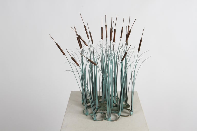 1970s Brutalist Mid-Century Patinated Bronze & Copper Cattail Kinetic Sculpture For Sale 2