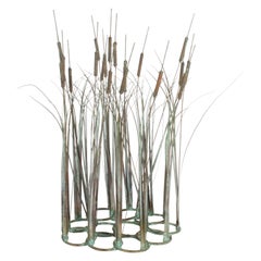 1970s Brutalist Mid-Century Patinated Bronze & Copper Cattail Kinetic Sculpture