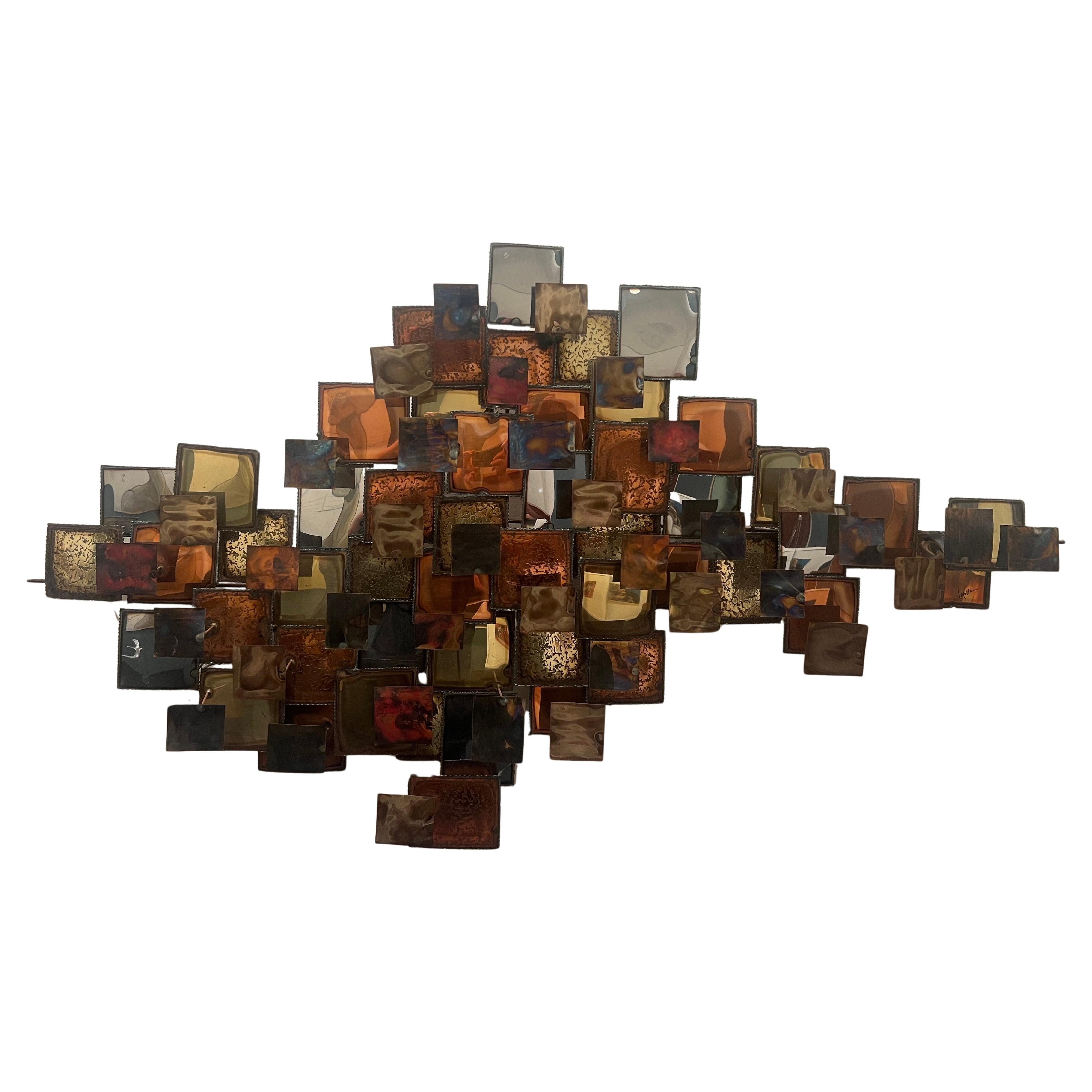 Mid-Century Modern 1970's Brutalist Mixed Metal Large Wall Sculpture Raindrops Style by J Muller For Sale