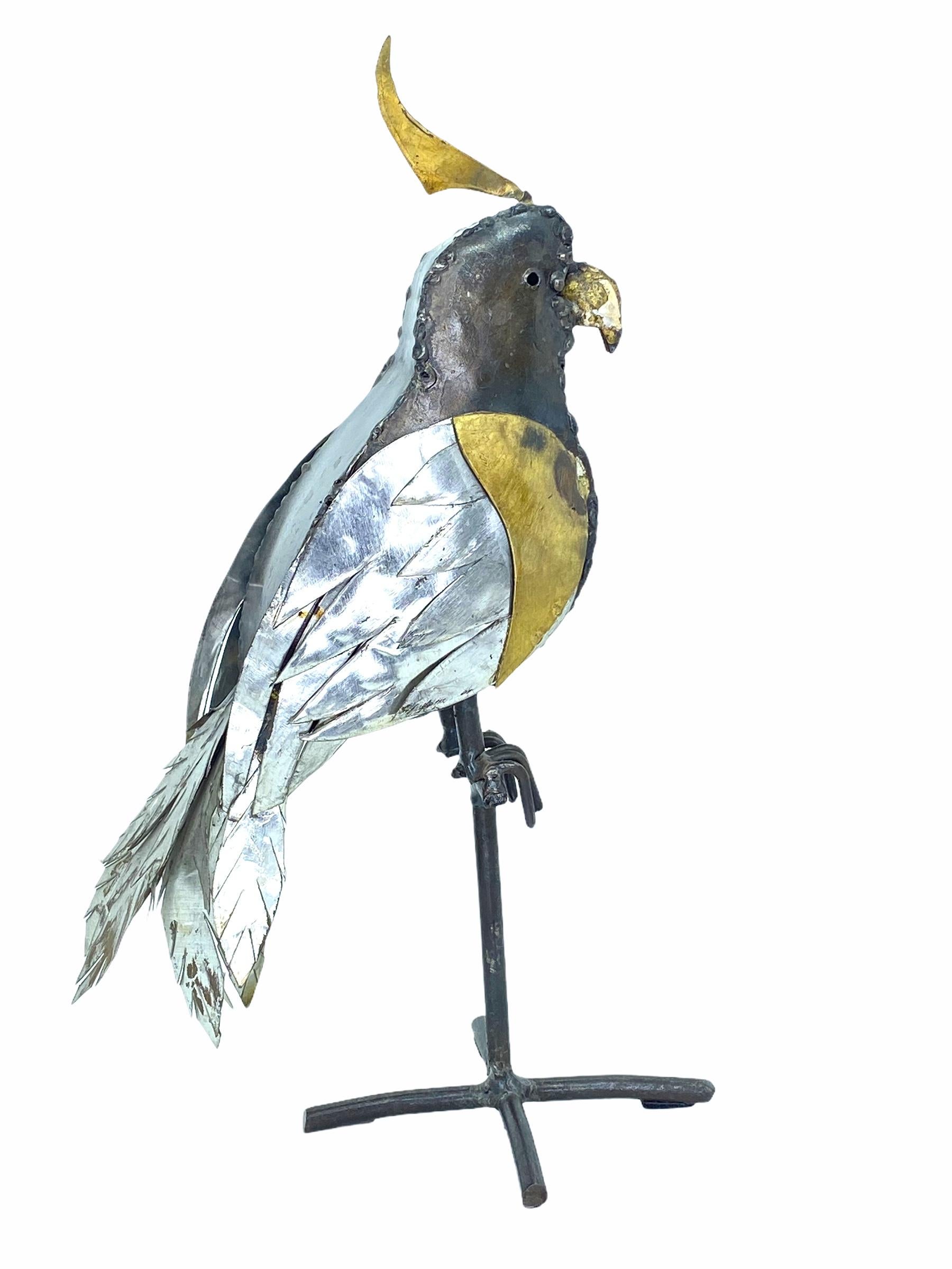 Mexican 1970s Brutalist Mixed Metal Parrot Sculpture in the Style of Sergio Bustamante