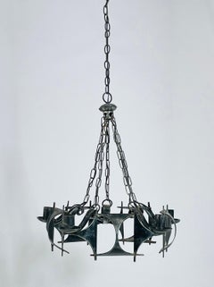 1970s Brutalist Modernist Wrought Iron Chandelier with Geometric Design
