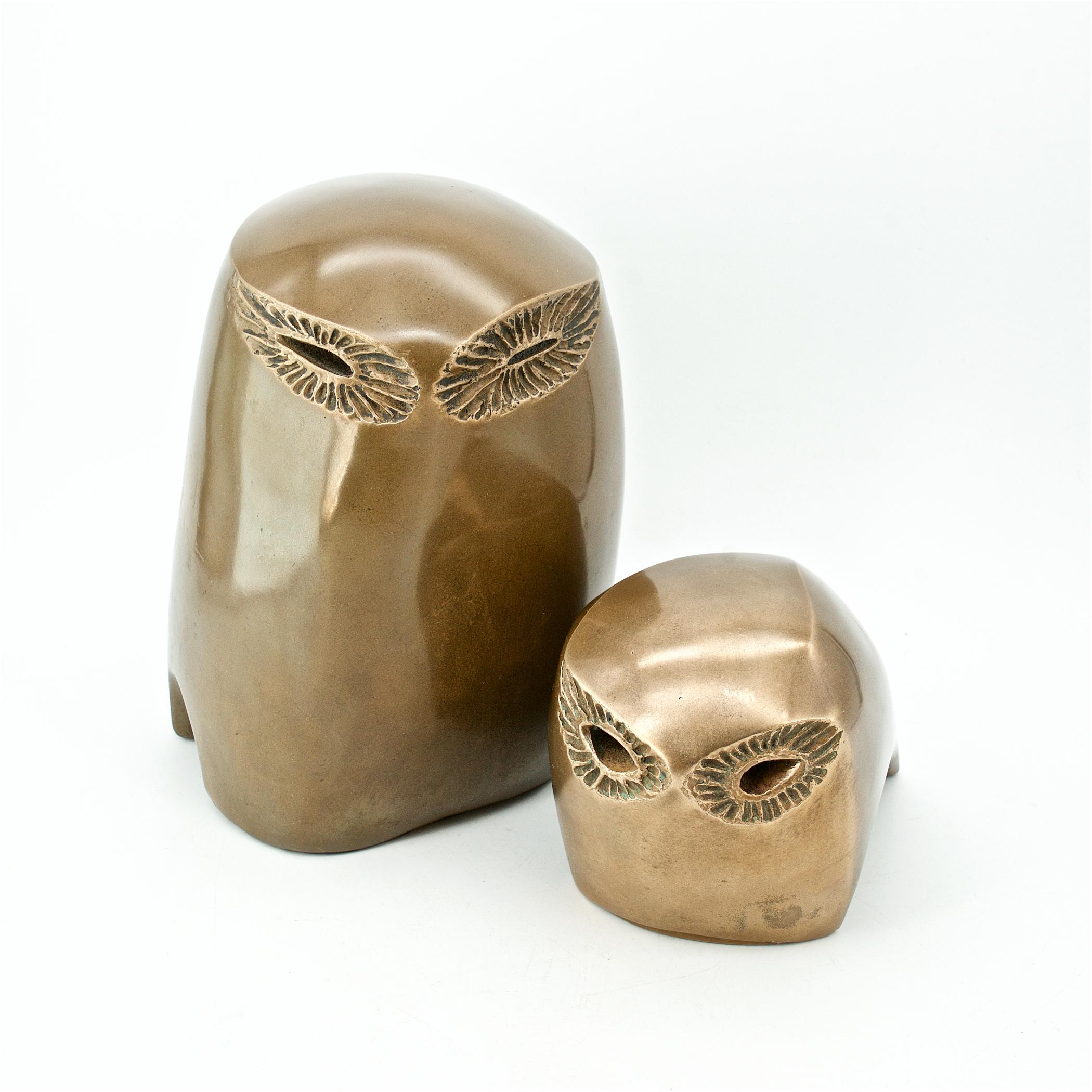Polished 1970s Brutalist Monolithic Bronze Owl Modernist Bird Form Abstract Sculptures