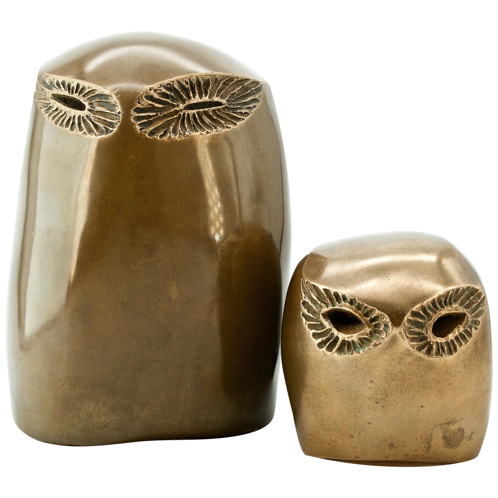 1970s Brutalist Monolithic Bronze Owl Modernist Bird Form Abstract Sculptures