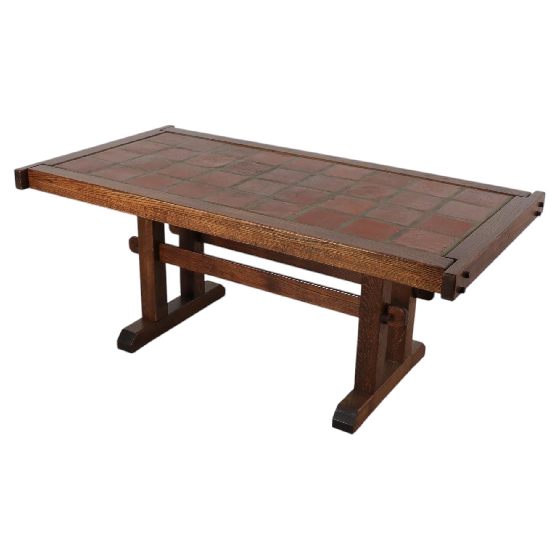 1970s Brutalist Oak Dining Table, Roger Capron Style Inset Ceramic Tile For Sale