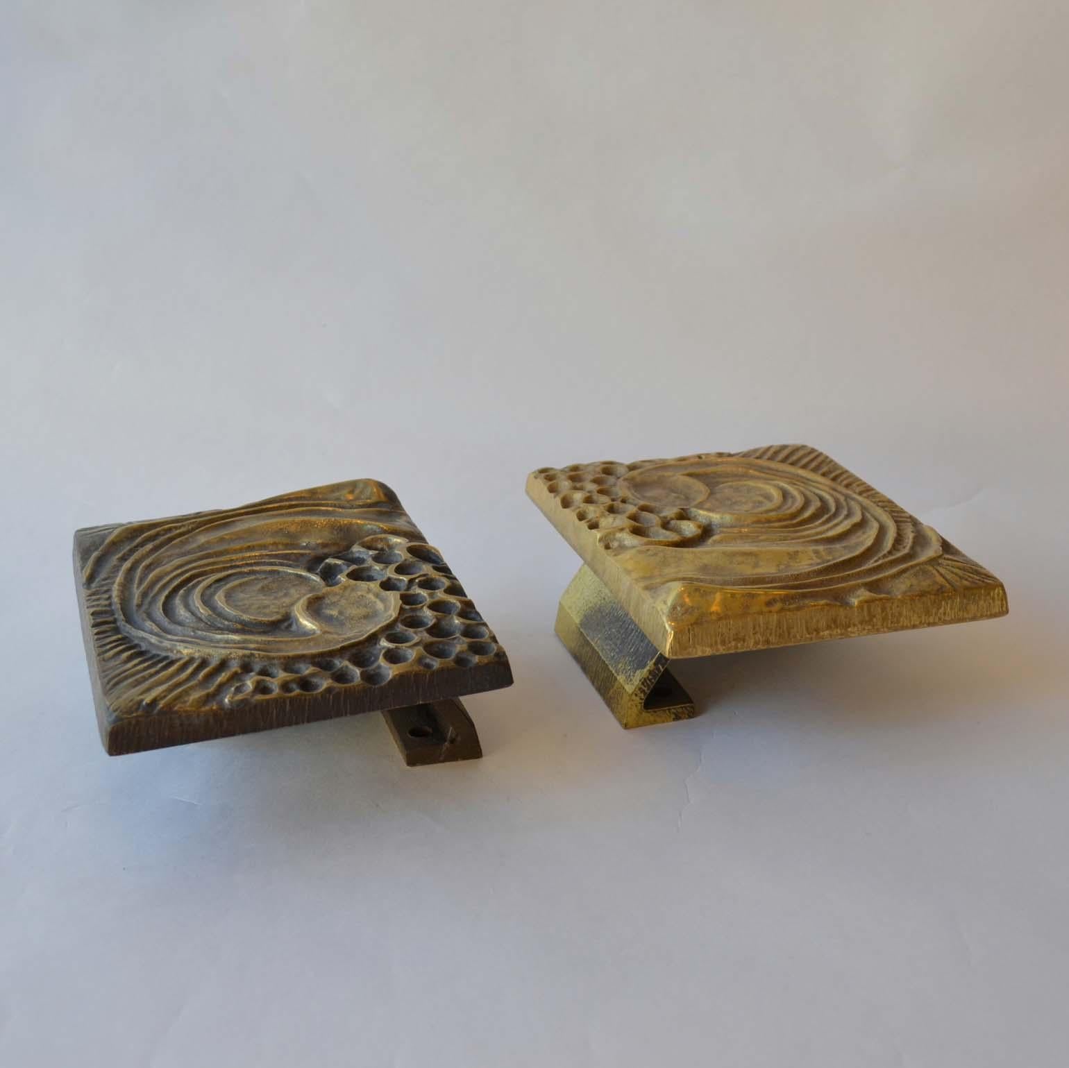 1970s Brutalist Pair of Bronze Push and Pull Door Handles with Abstract Relief 6