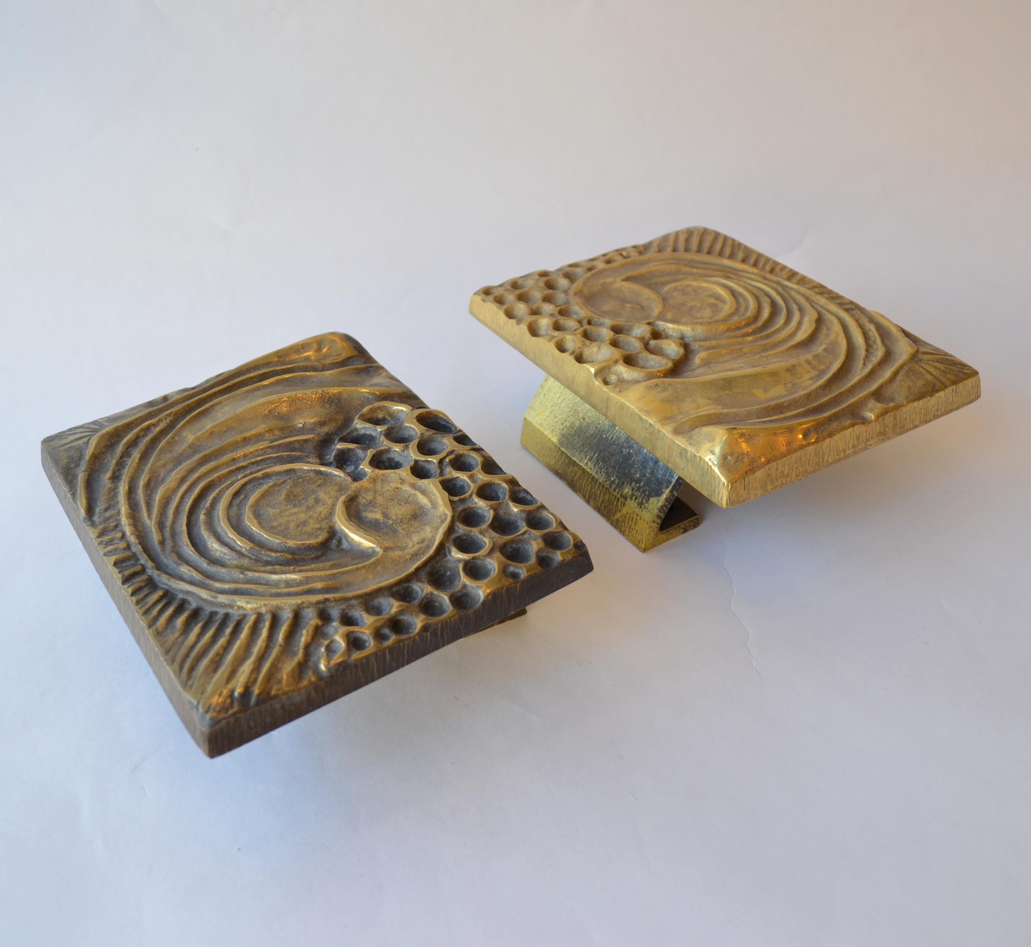 1970s Brutalist Pair of Bronze Push and Pull Door Handles with Abstract Relief 7