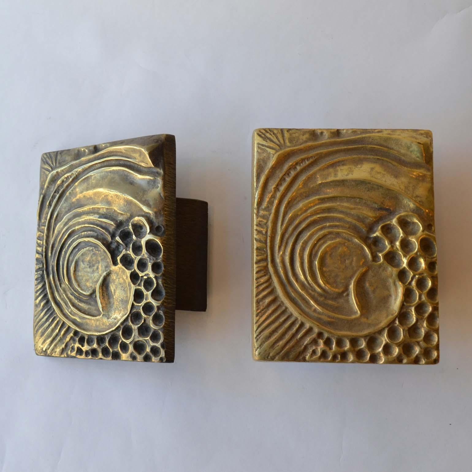 Late 19th Century 1970s Brutalist Pair of Bronze Push and Pull Door Handles with Abstract Relief