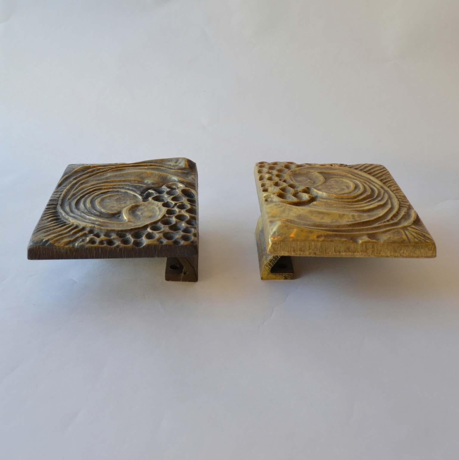 1970s Brutalist Pair of Bronze Push and Pull Door Handles with Abstract Relief 1