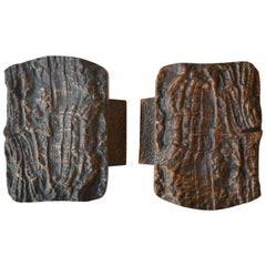 1970s Brutalist Pair of Bronze Push 
Pull Door Handles with Relief from Nature
