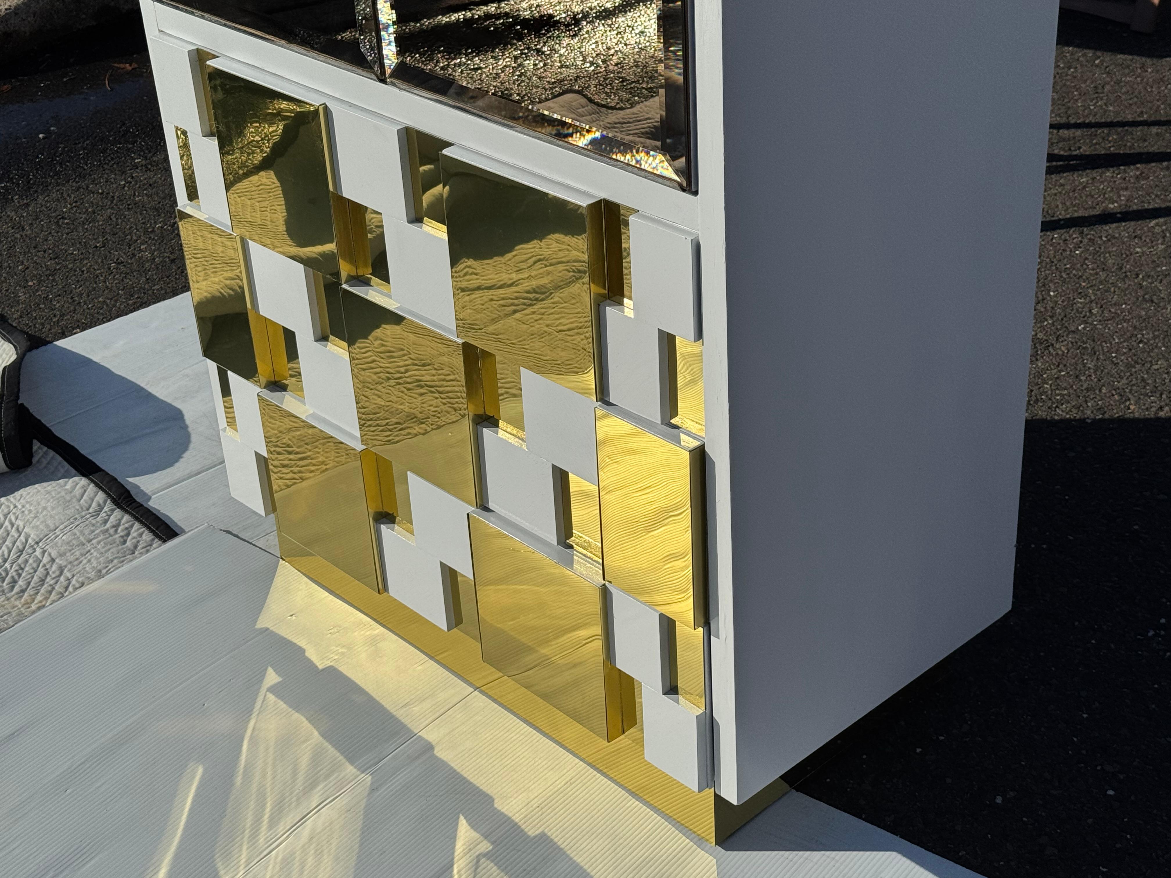 American 1970s Brutalist Paul Evans Style Brass & Mirrored Cabinet For Sale