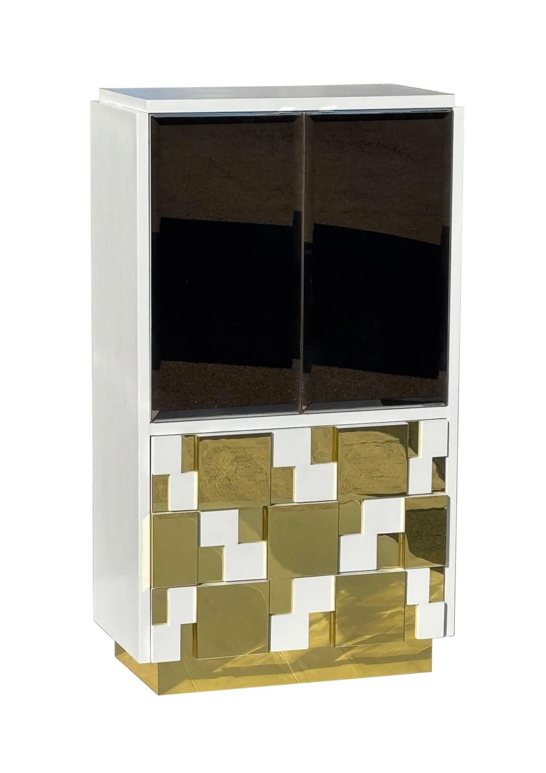 Late 19th Century 1970s Brutalist Paul Evans Style Brass & Mirrored Cabinet For Sale