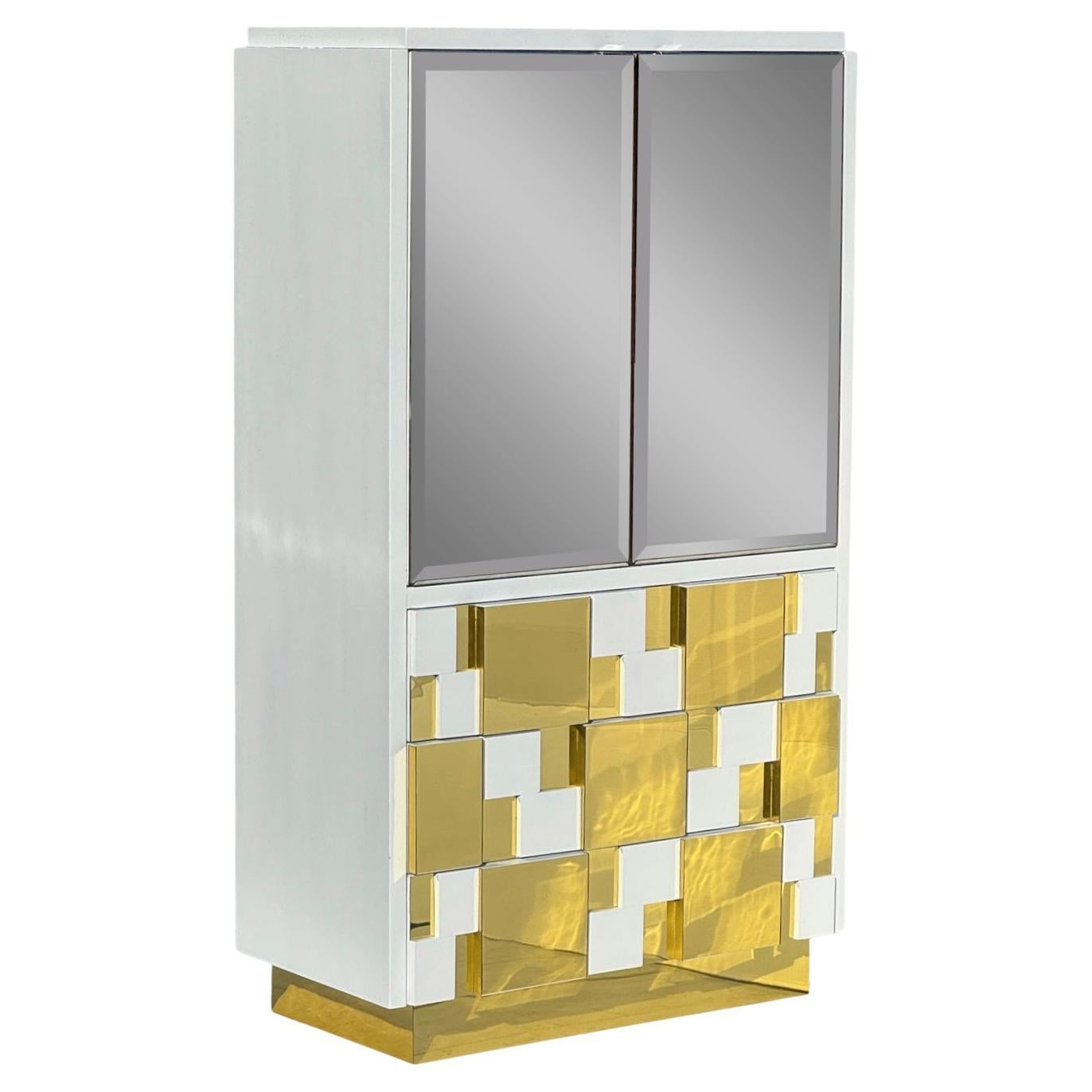 1970s Brutalist Paul Evans Style Brass & Mirrored Cabinet