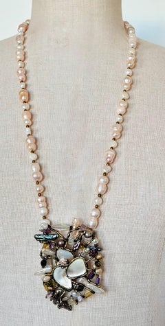 1970s Brutalist Pendant with Exceptional 15mm-Baroque Pearl Sautoir - 140g