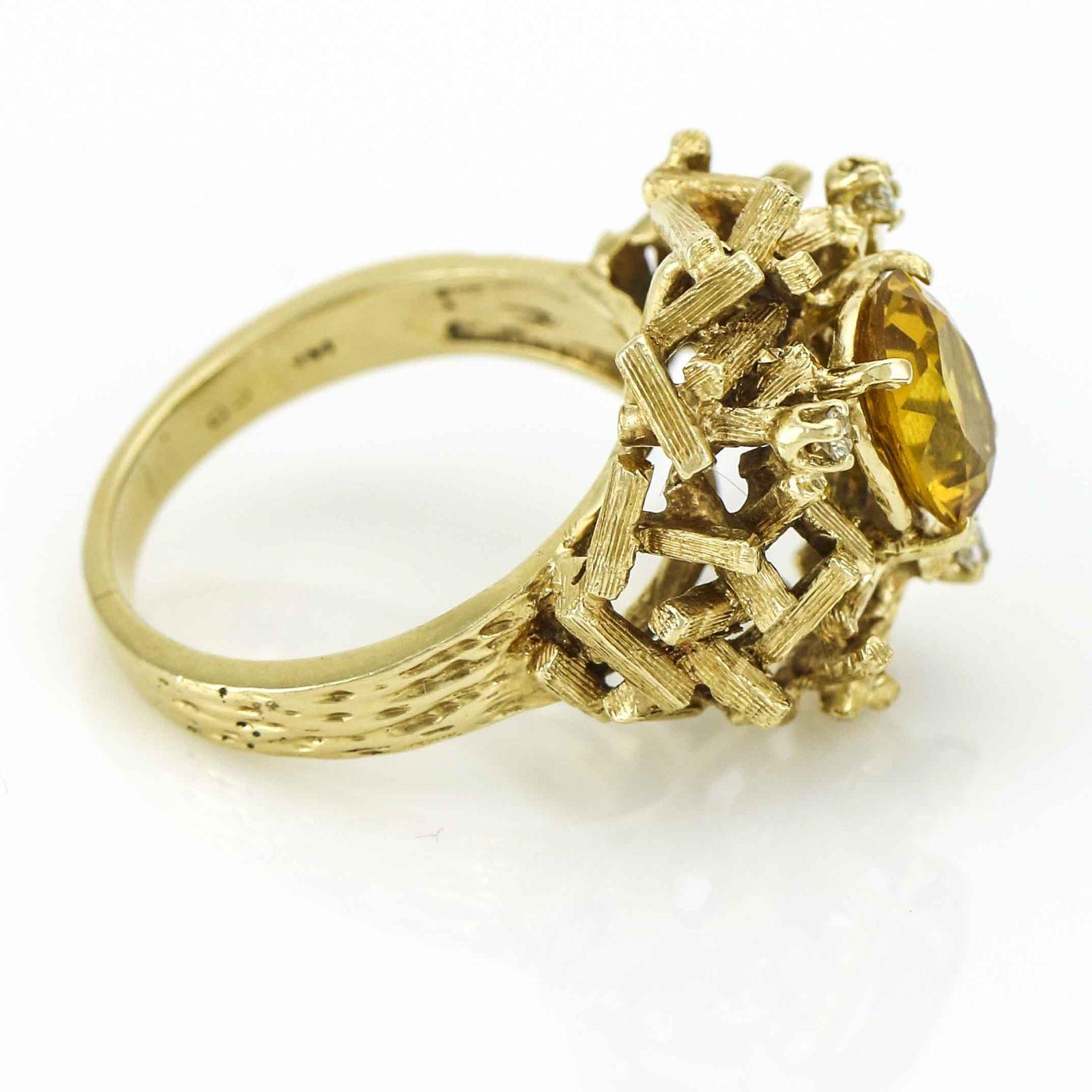 Women's 1970s Brutalist Ring with Citrine and Diamonds in Yellow Gold For Sale