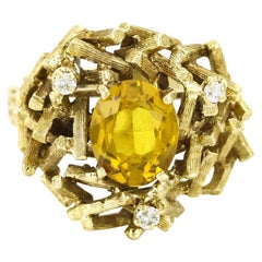 Vintage 1970s Brutalist Ring with Citrine and Diamonds in Yellow Gold