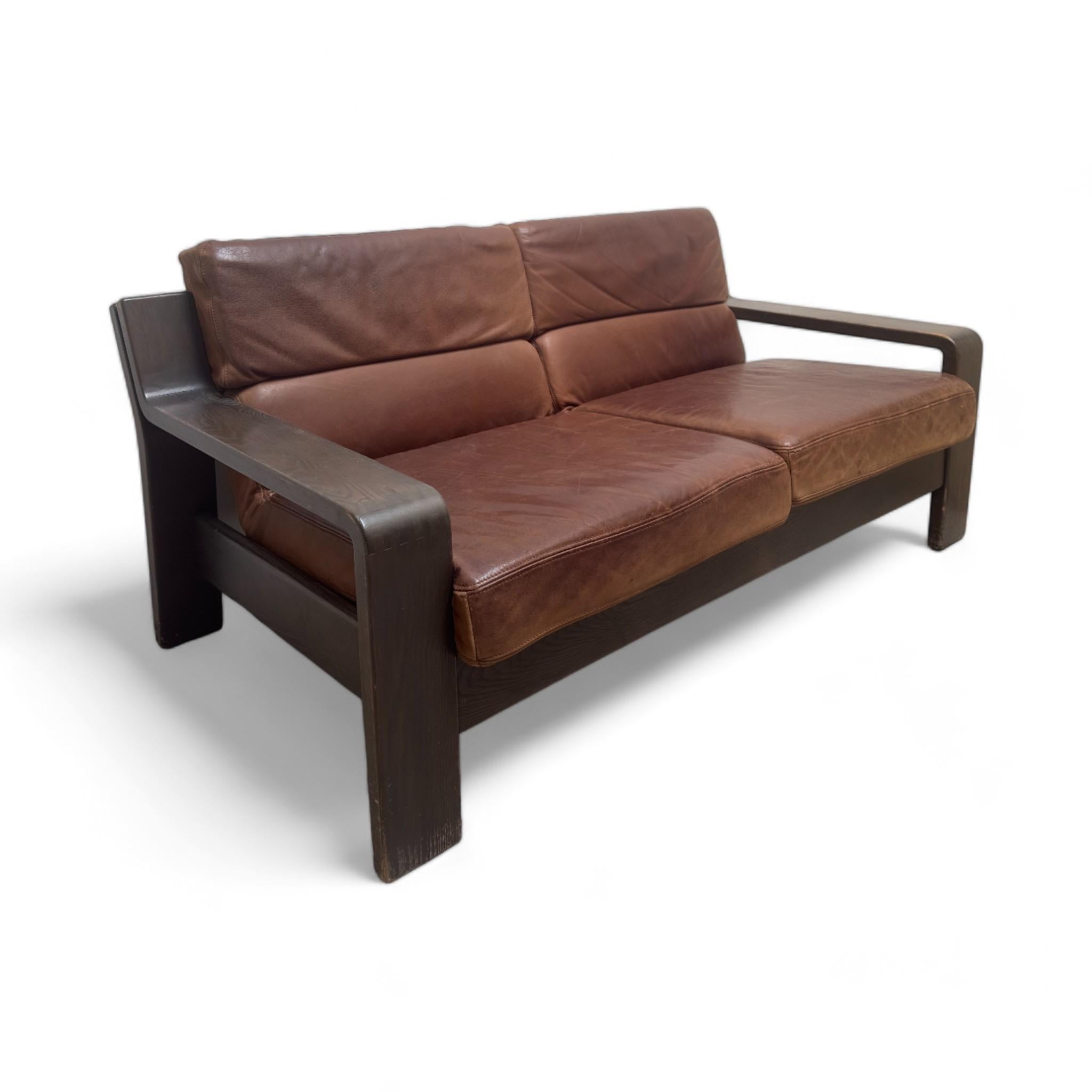 German 1970s Brutalist Rolf Benz Leather Two-Seat Sofa