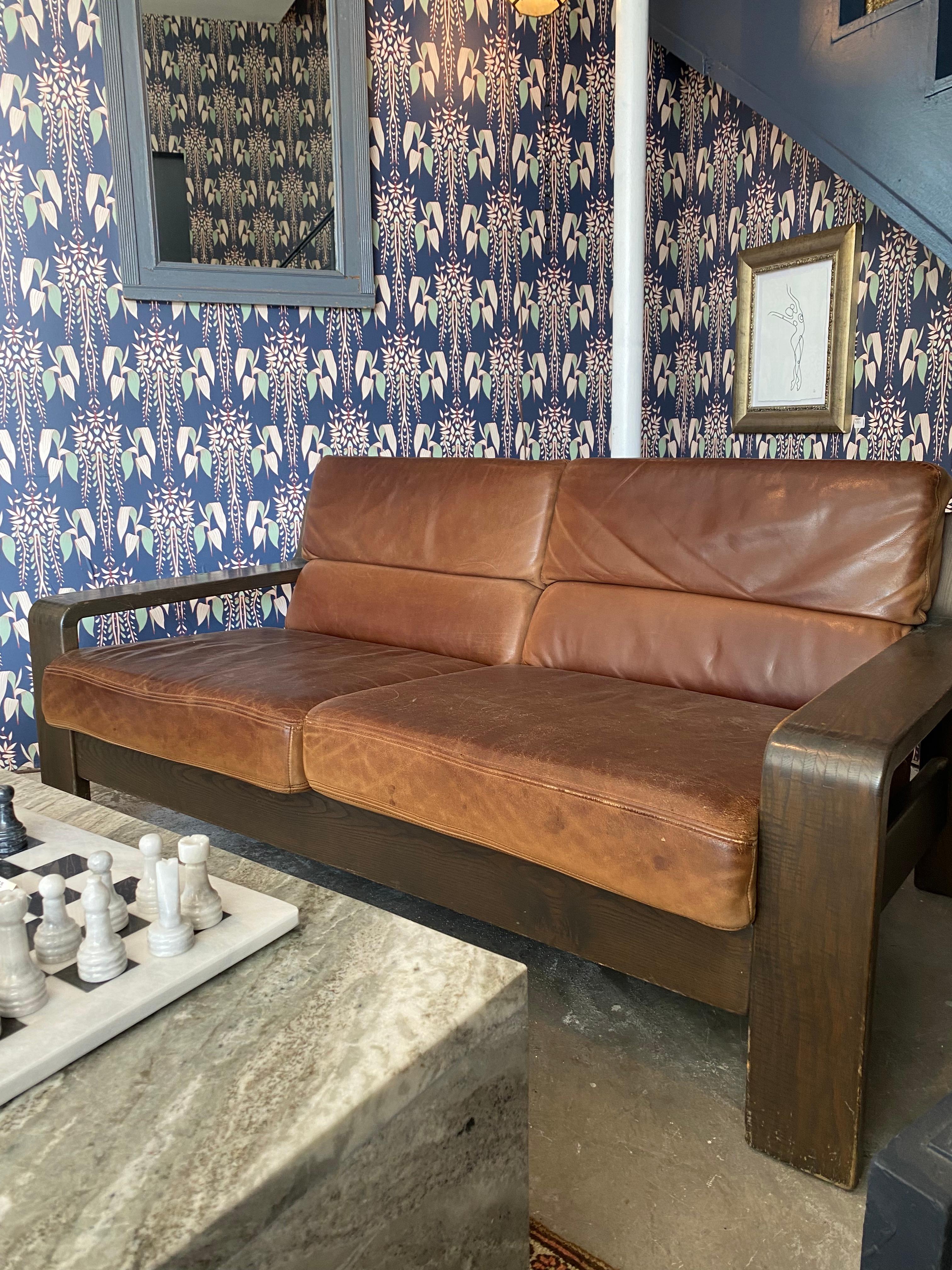 1970s Brutalist Rolf Benz Leather Two-Seat Sofa 1