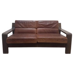 1970s Brutalist Rolf Benz Leather Two-Seat Sofa