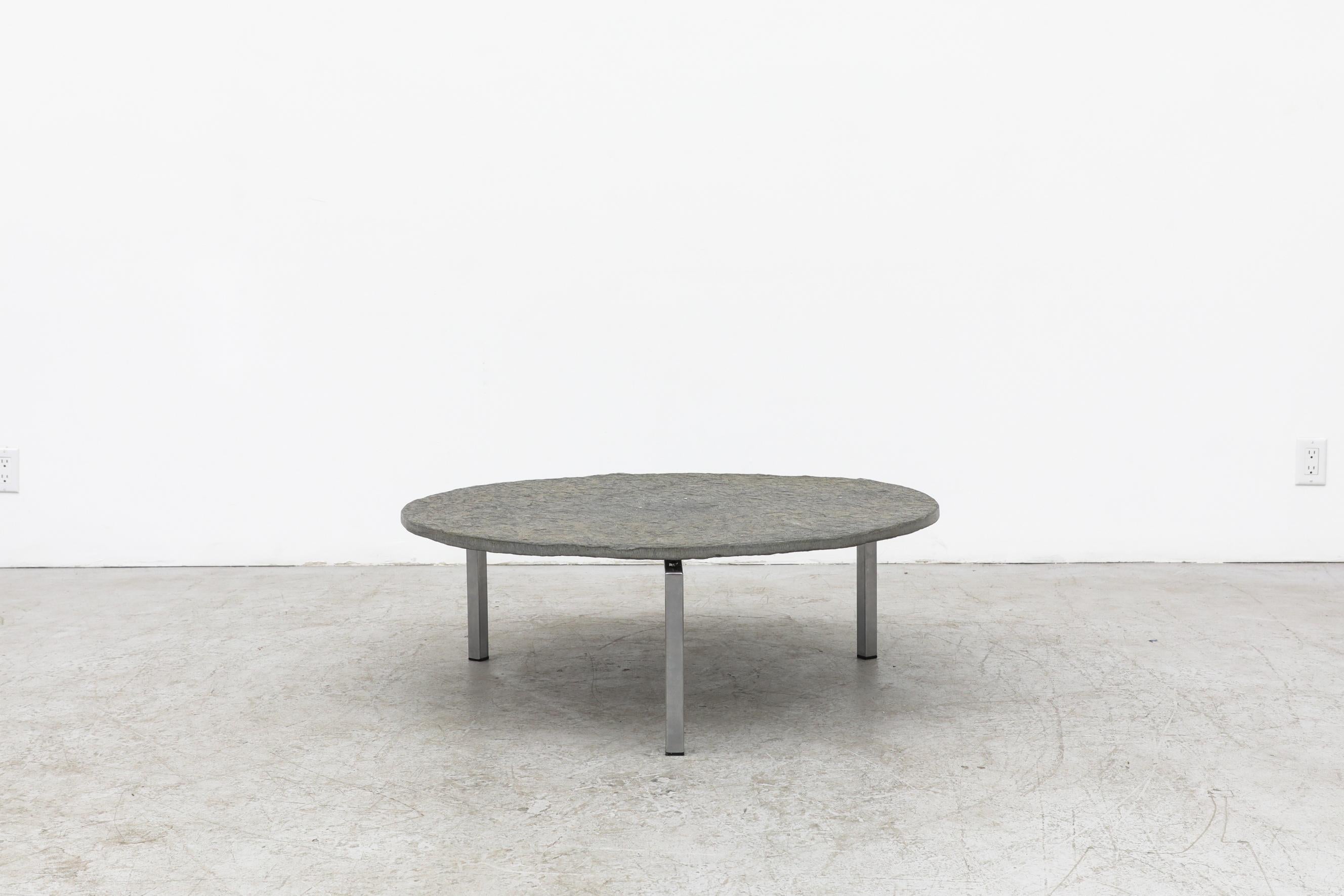 Mid-Century Modern 1970's Brutalist Round Stone Coffee Table with Chrome Tripod Base